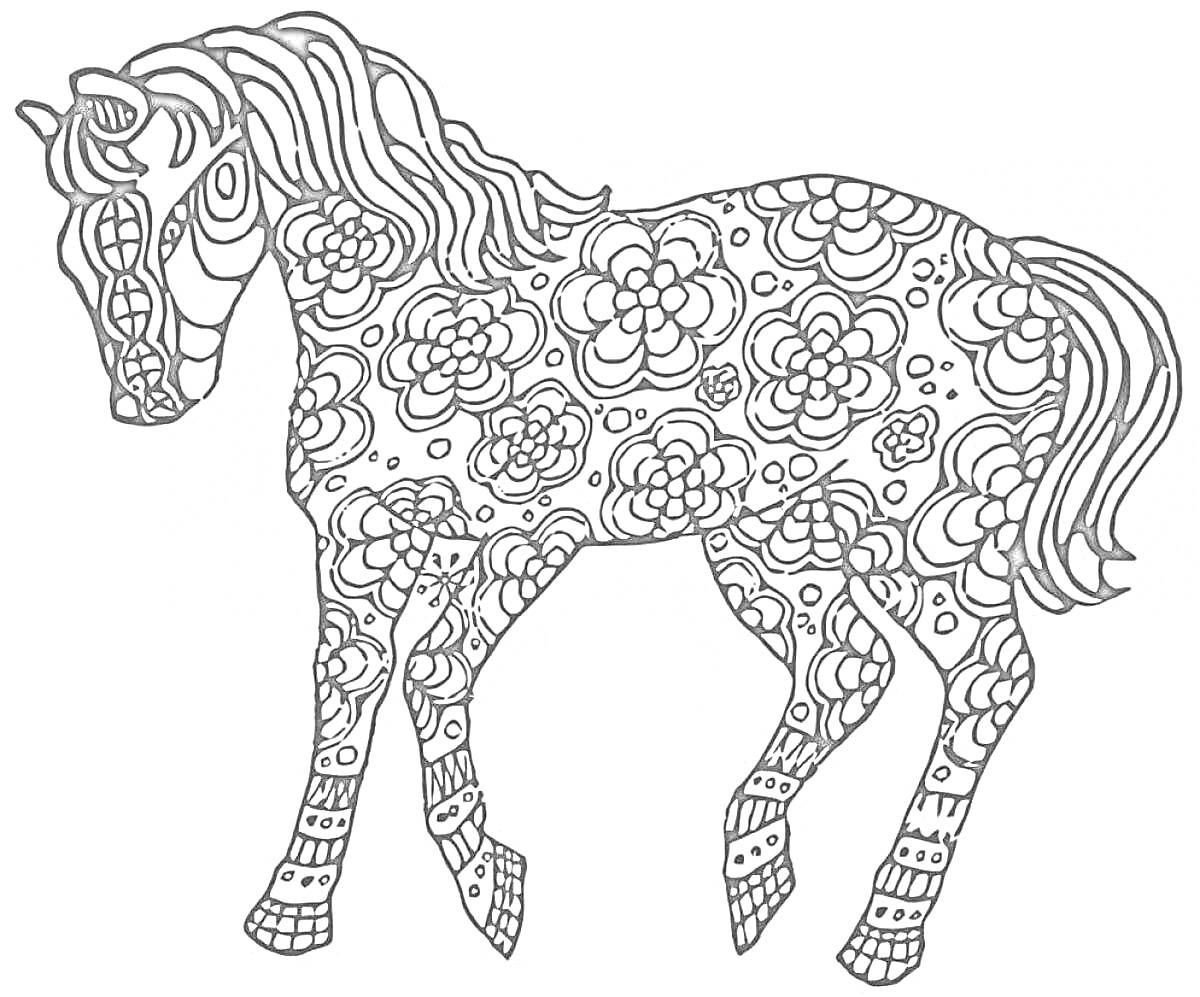 На раскраске изображено: Лошадь, Цветы, Орнамент, Для девочек, Цветочный узор, 12 лет, Для детей, Животные