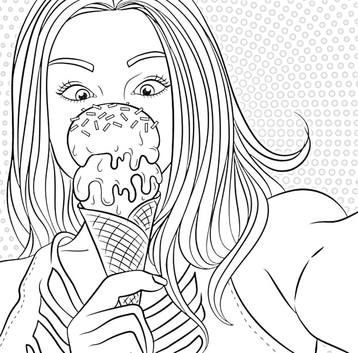 Раскраска Девушка с мороженым в рожке на фоне с точечным узором