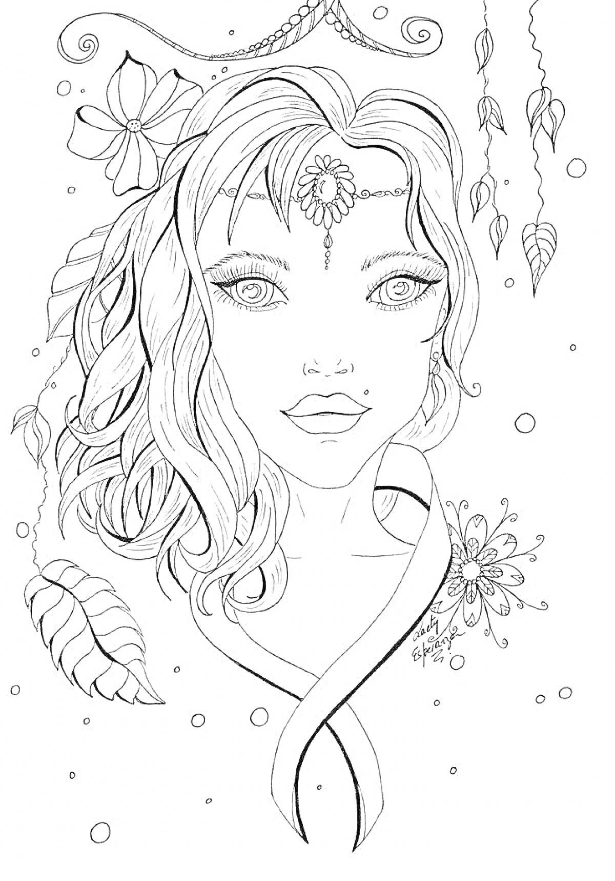 Раскраска Женский портрет с цветами, листьями и украшениями
