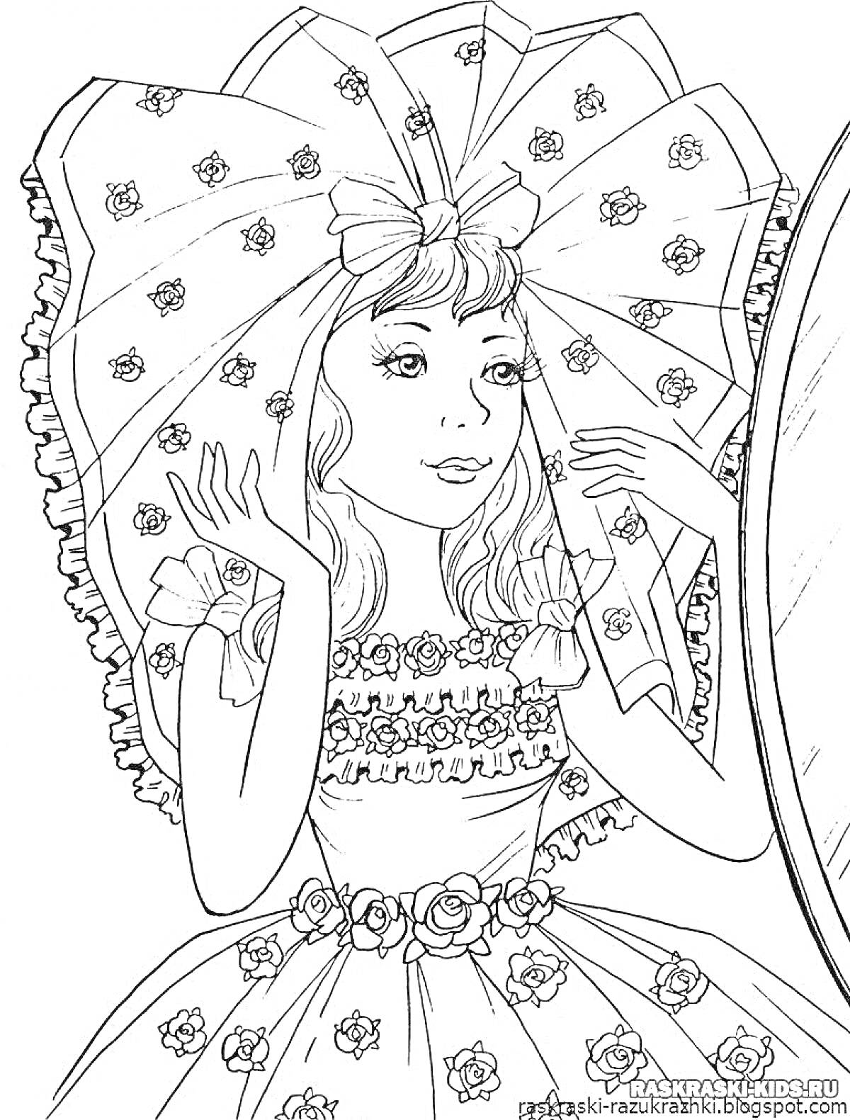Раскраска Девушка с бантом и цветочным платьем смотрится в зеркало