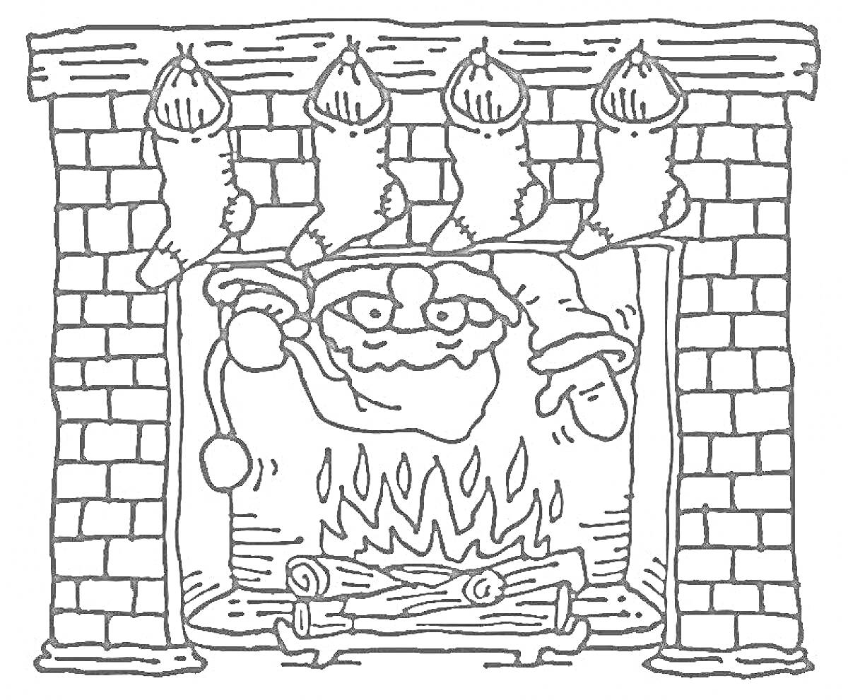 На раскраске изображено: Камин, Огонь, Рождественский чулок, Кирпичная кладка, Зимние праздники, Рождество, Новогодние украшения