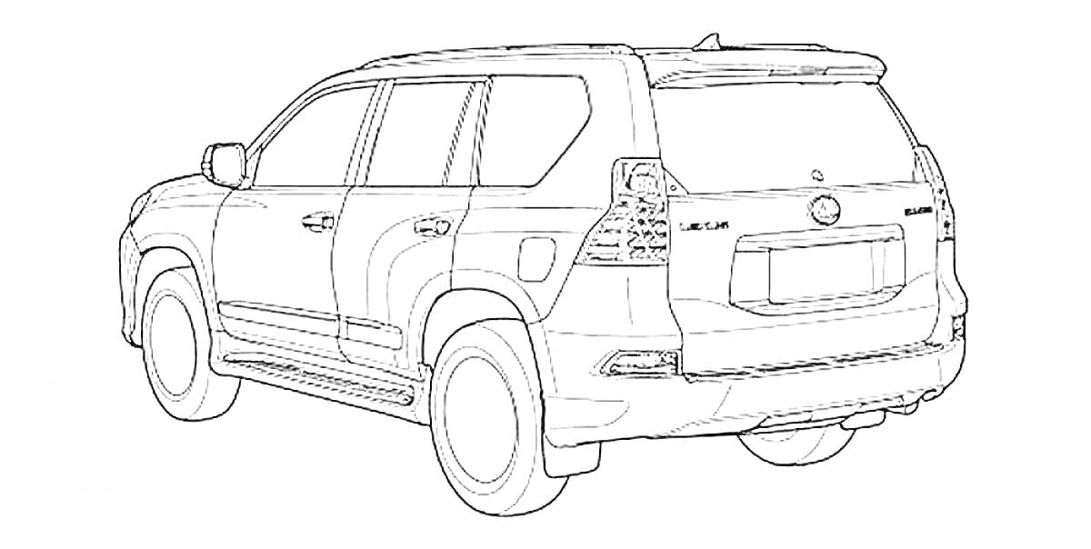 Раскраска Раскраска Toyota Land Cruiser, вид сзади, полный каркас автомобиля, окна, боковые зеркала, задние фары, запасное колесо снизу, задний бампер, задний дворник.