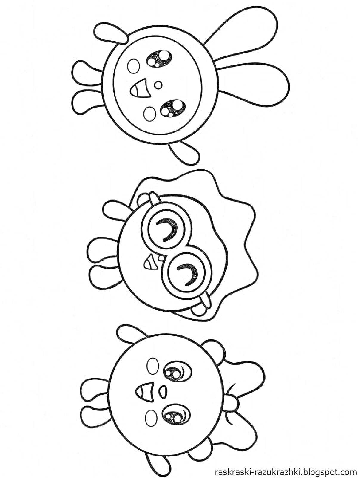 Раскраска Малышарики - кролик с большими ушами, круглый персонаж с очками, круглый персонаж с бантиком
