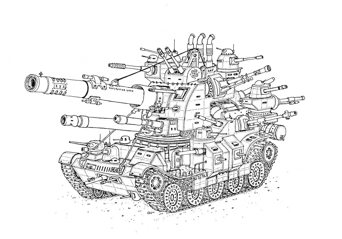 На раскраске изображено: Танк, Боевой танк, Оружие, Военная техника, Военный транспорт, Механизмы