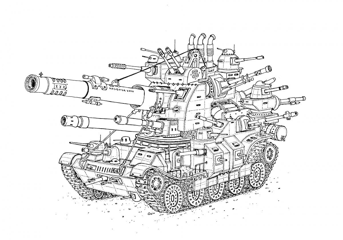 Раскраска Многобашенный боевой танк с множеством орудий