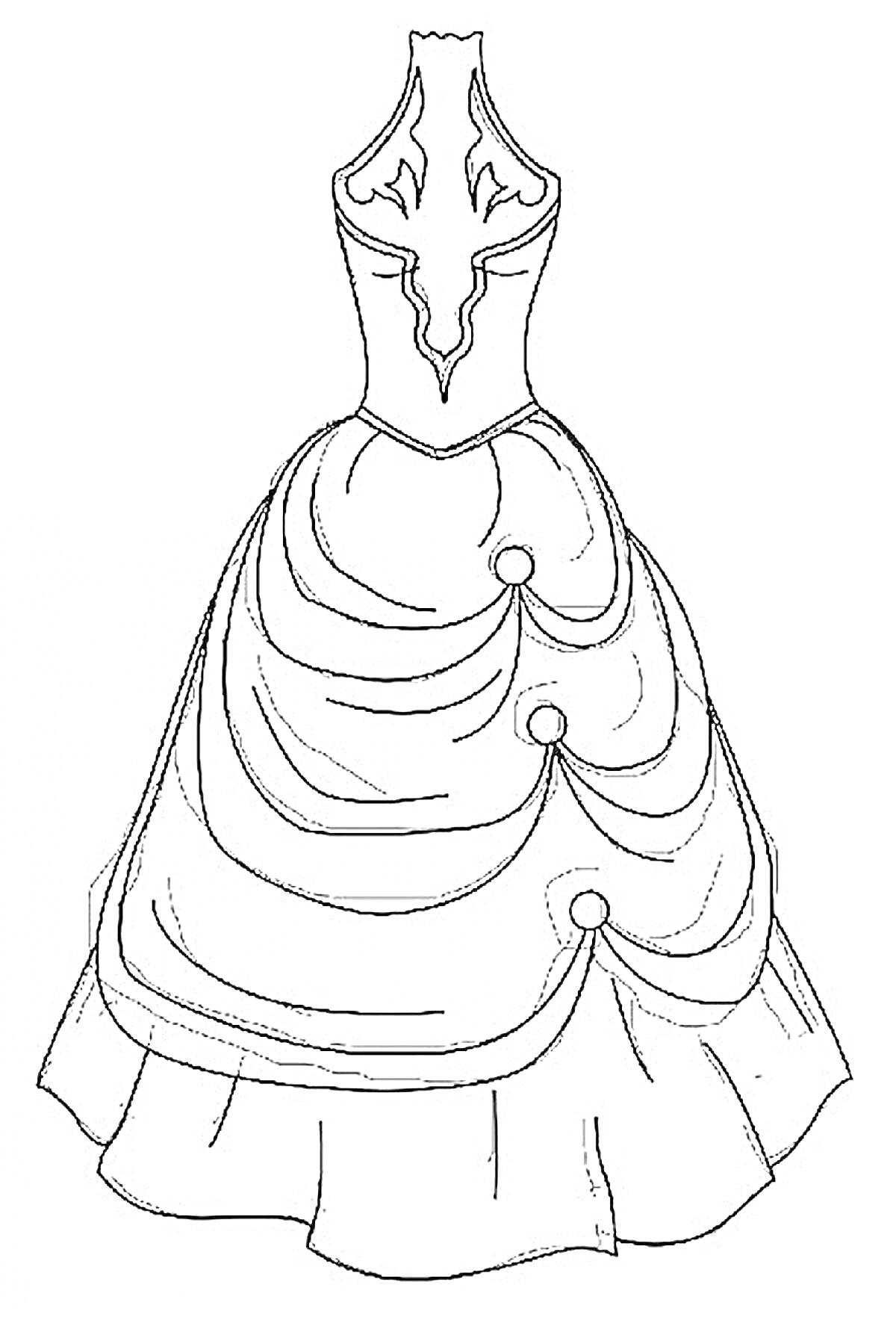 Раскраска Платье с корсетом и пышной юбкой с драпировкой и декоративными пуговицами