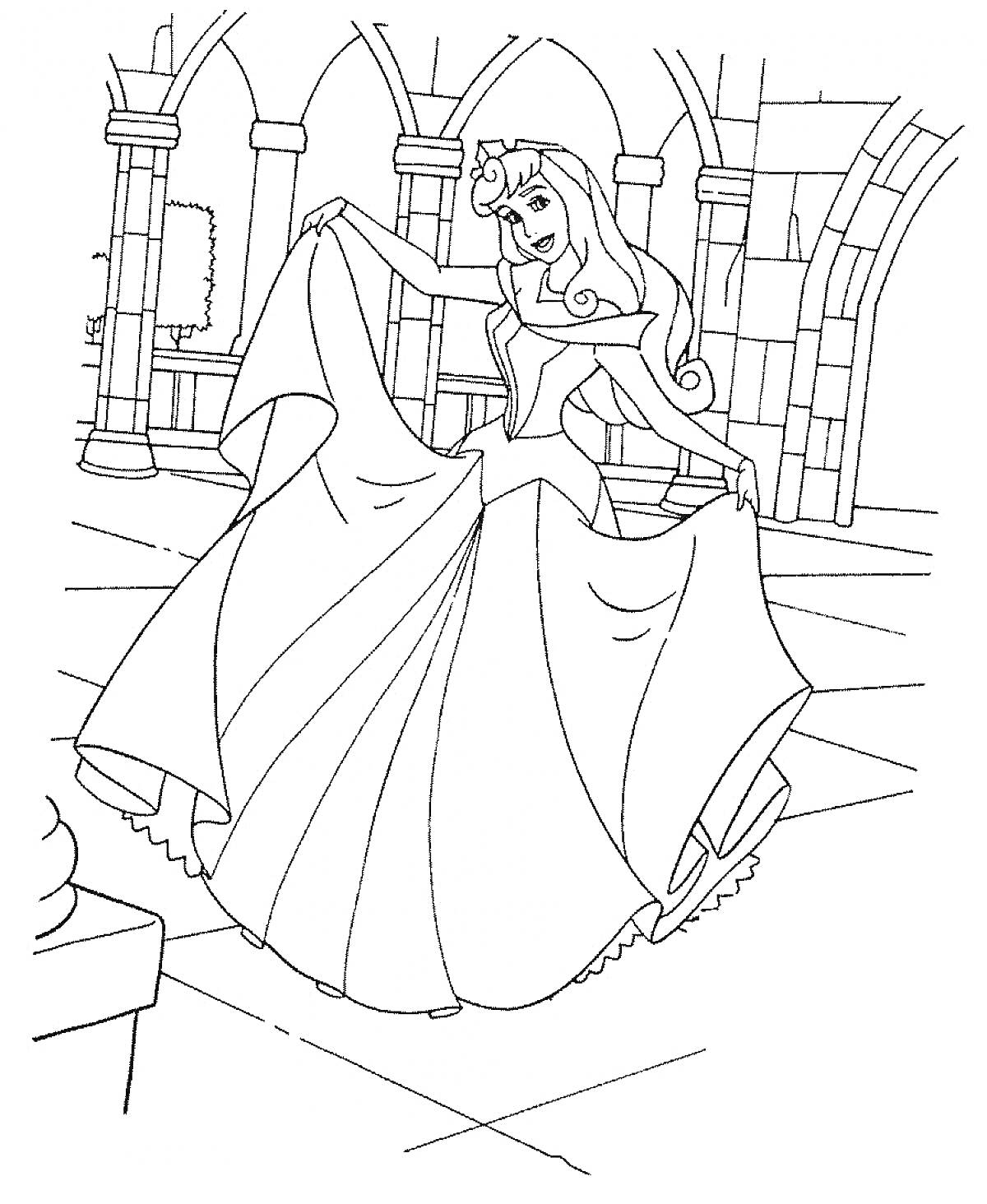 На раскраске изображено: Принцесса, Бал, Замок, Платье, Танец, Зал, Корона, Арка, Стена