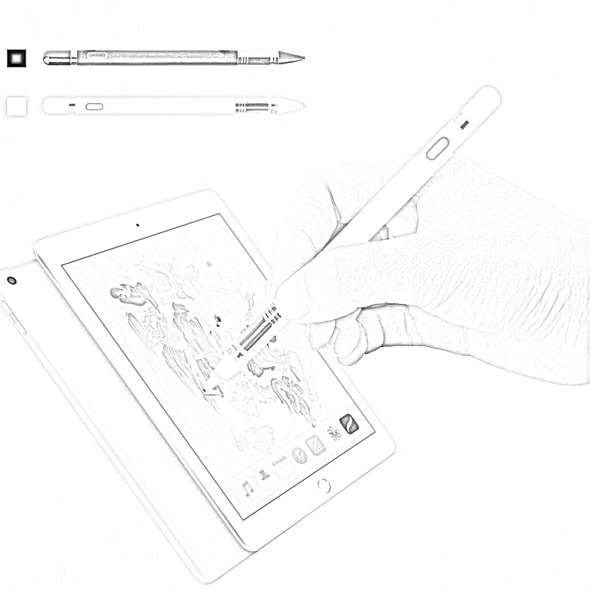 Раскраска Рисование на айпаде со стилусом, рука держит стилус, черный и белый стилус