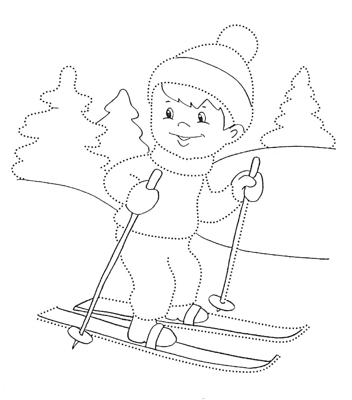 На раскраске изображено: Ребенок, Лыжи, Лыжные палки, Зимняя одежда, Шапка, Лес, Деревья, Зима