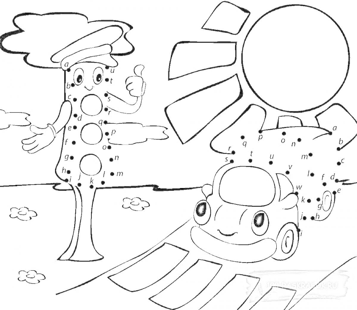 На раскраске изображено: Светофор, Солнце, Облака, 3-4 года, Обучение, Для детей, Дороги, Авто