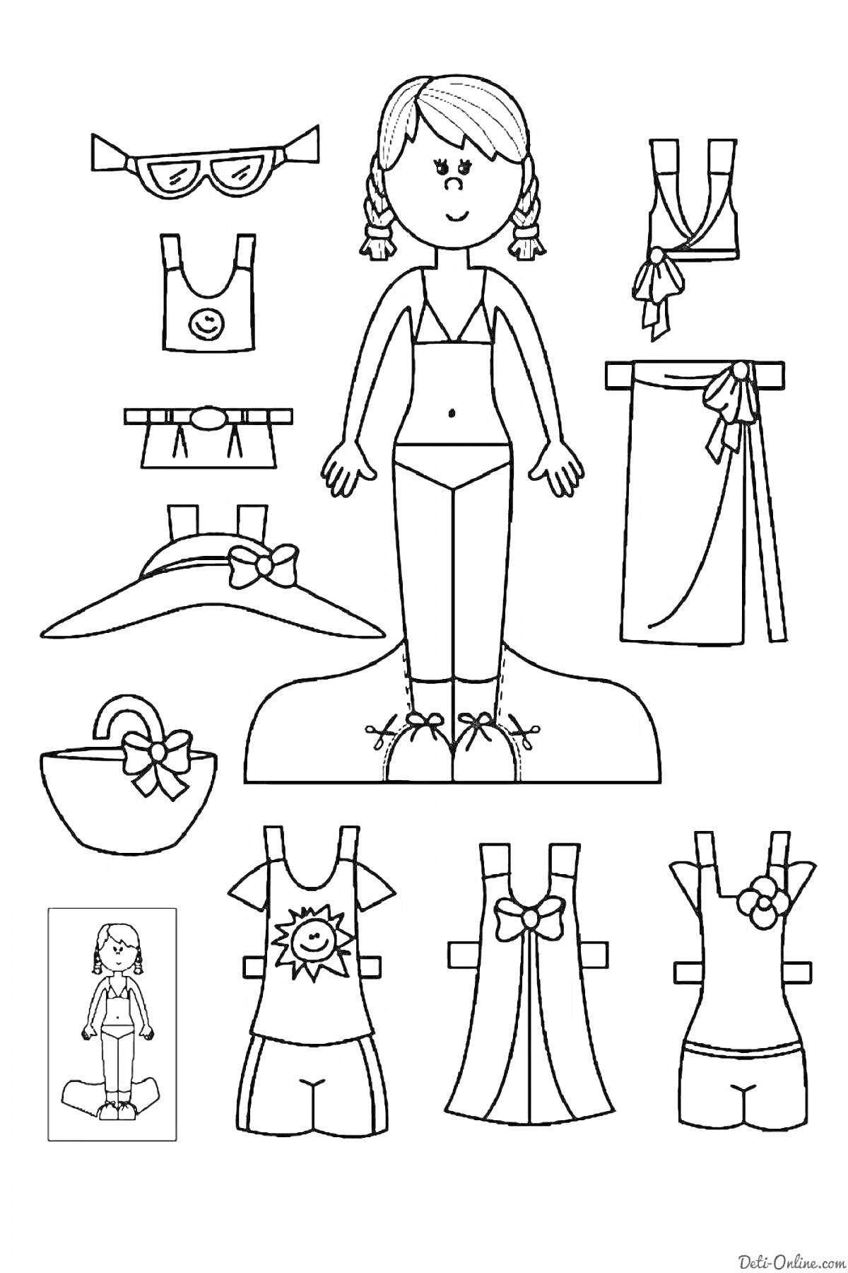 На раскраске изображено: Бумажная кукла, Вырезалка, Летняя одежда, Очки, Шляпа, Сумка, Платье, Для девочек, Творчество