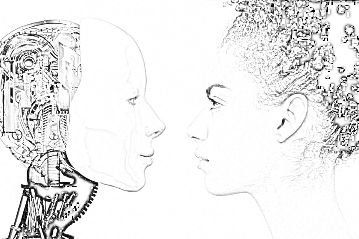 На раскраске изображено: Искусственный интеллект, Робот, Человек, Лицо, Будущее