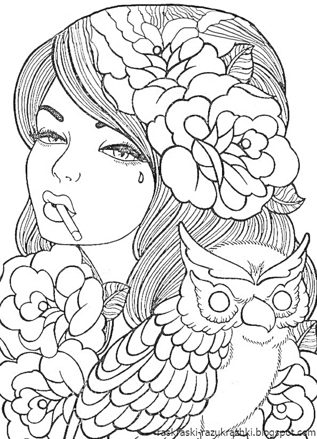 Раскраска Девушка с сигаретой, окруженная цветами и совой