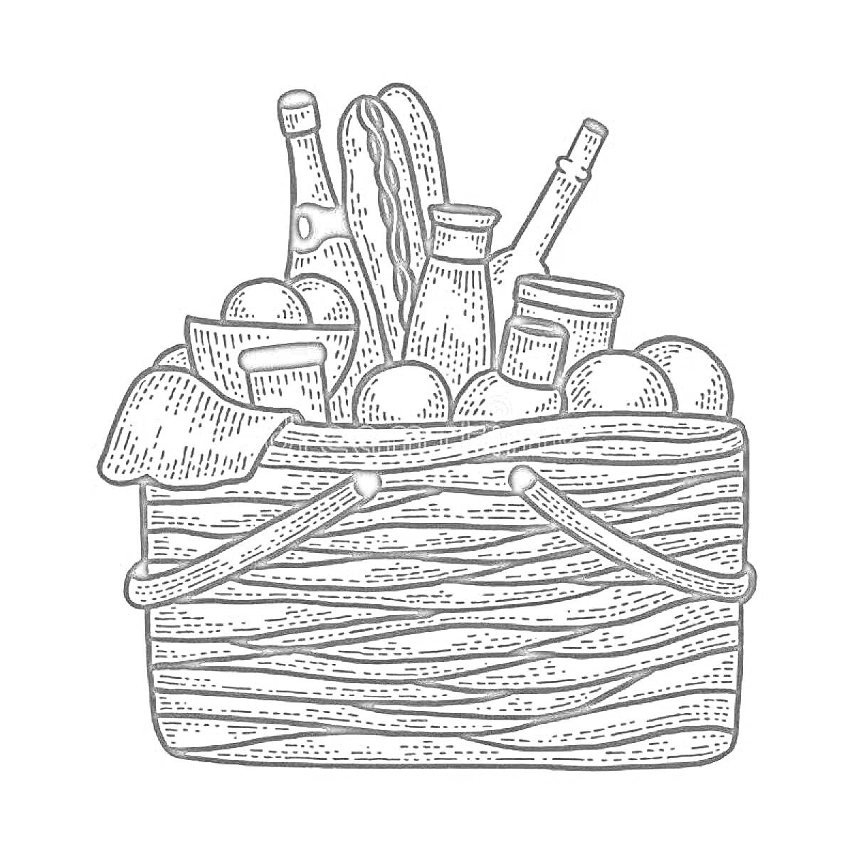 На раскраске изображено: Корзина, Батон, Фрукты, Продукты, Пикник