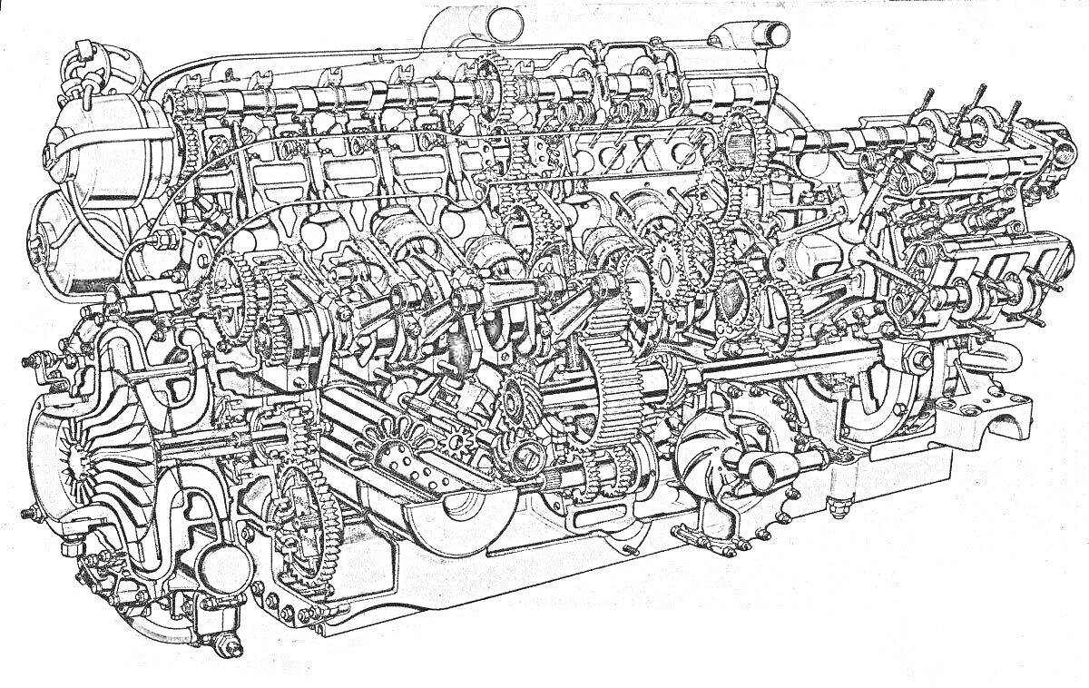 Раскраска Двигатель с видимыми поршнями, шатунами, коленчатым валом, распределительными валами и системой клапанов