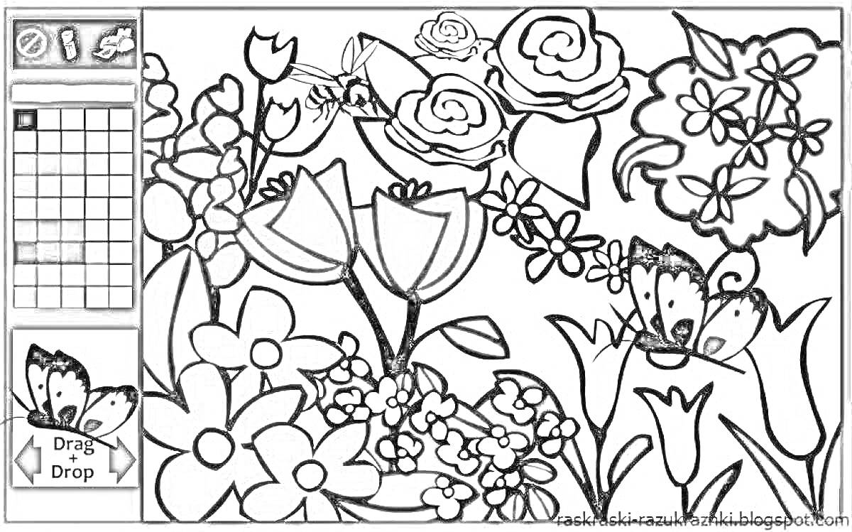 На раскраске изображено: Цветы, Игры для девочек, Весна, Сад, Природа, Творчество, Бабочка