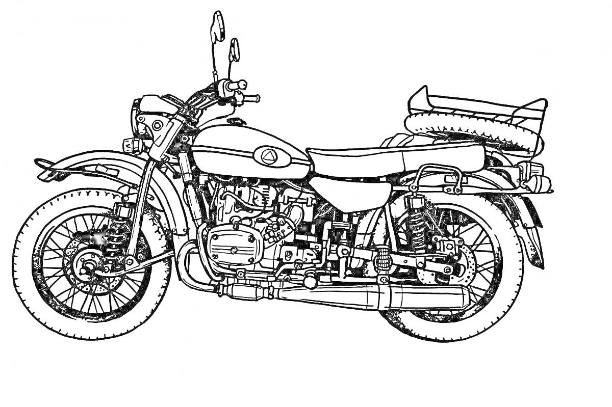 Раскраска Мотоцикл Урал с зеркалами, колёсами, выхлопной трубой и багажником