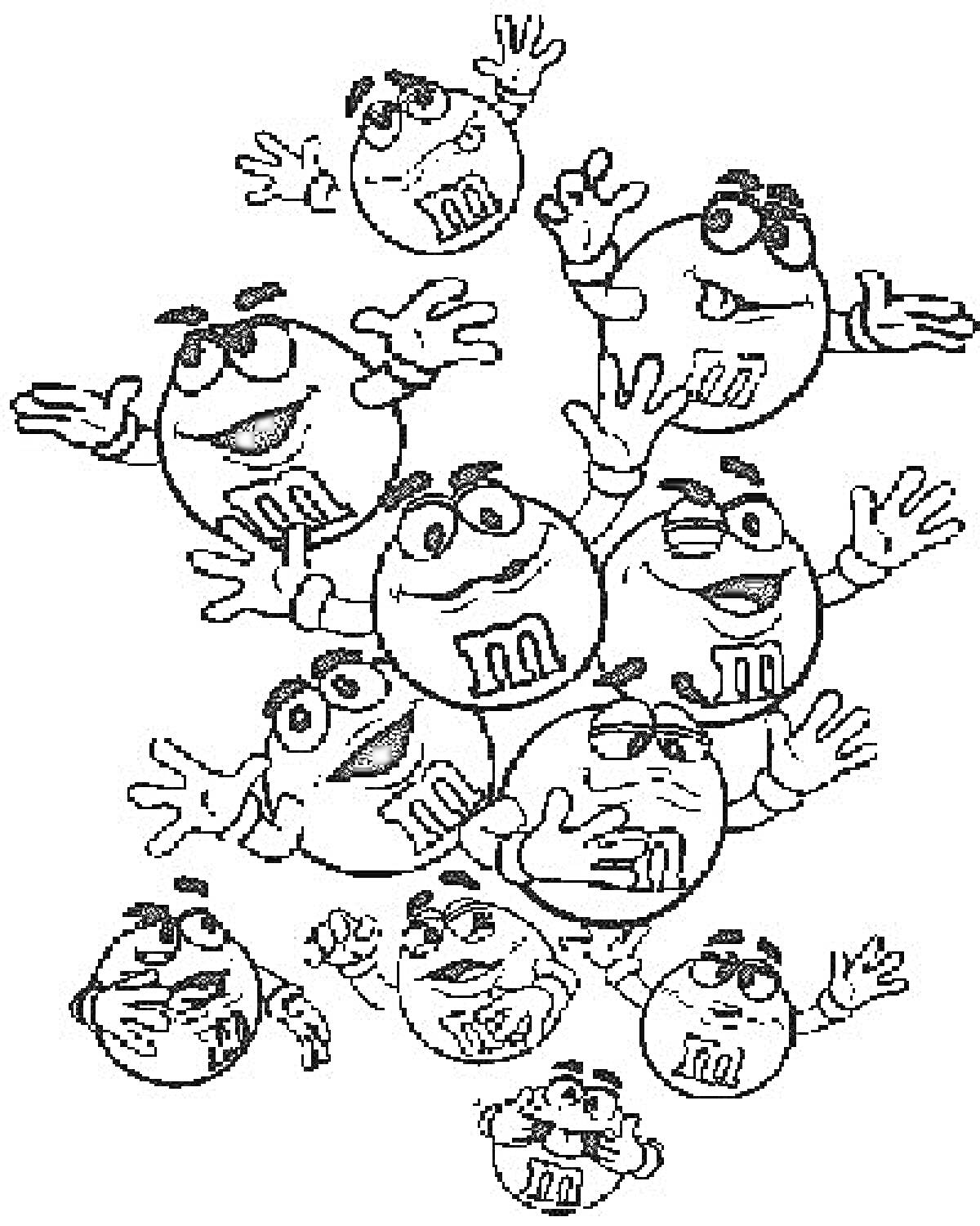 Раскраска Множество персонажей M&M's с поднятыми руками