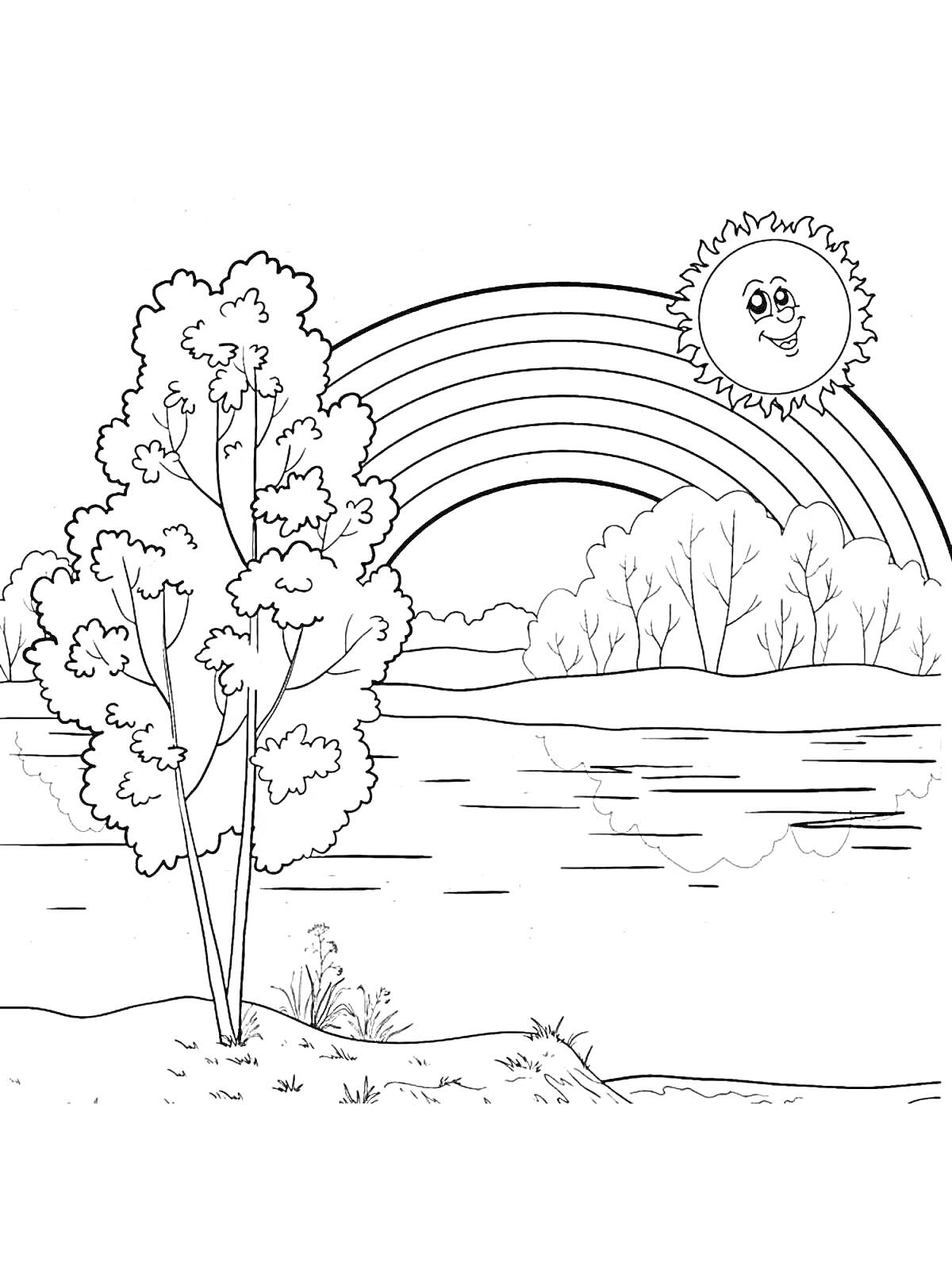 Раскраска Ландшафт с деревьями, радугой и улыбающимся солнцем