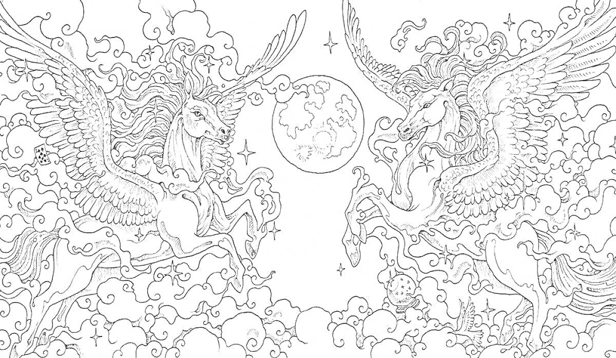 На раскраске изображено: Кони, Облака, Звезды, Луна, Ночное небо, Мифические существа, Фантазия