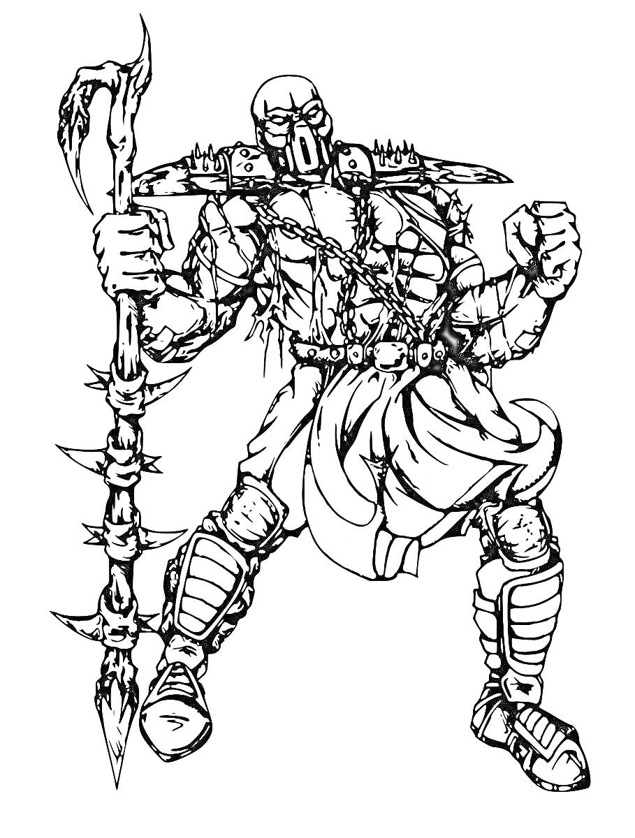 Раскраска Воин с шипастым посохом и маской в боевой стойке из Мортал Комбат