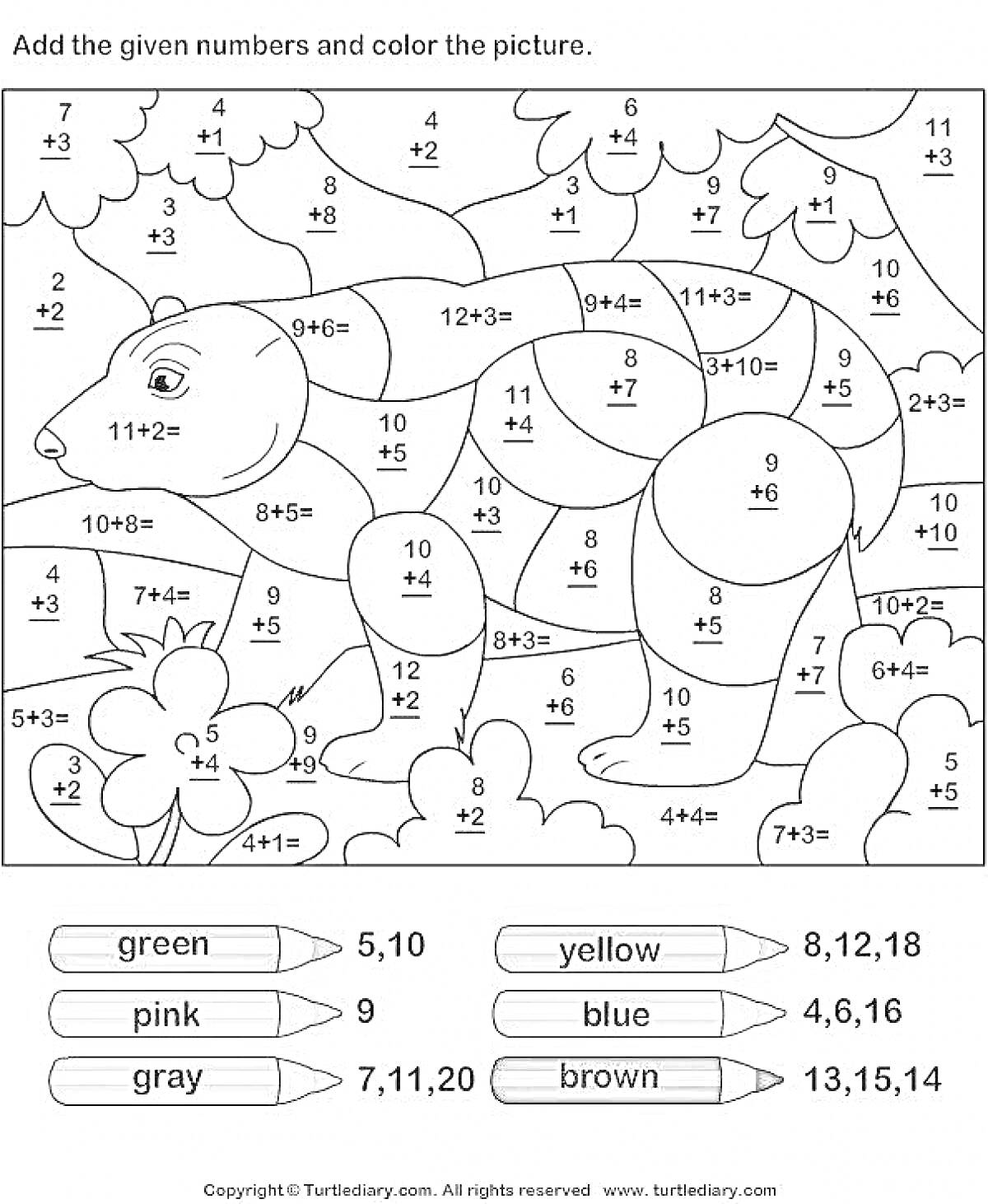 Раскраска Арифметическая раскраска с изображением черепахи, учимся складывать числа, указанные цвета для раскраски