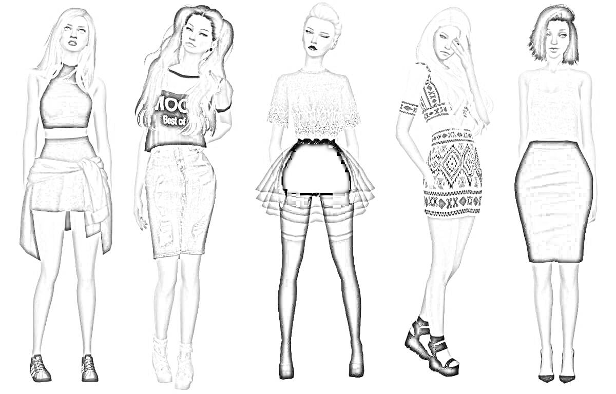 Раскраска пять женщин в различных модных нарядах, юбки, майки, платья, футболки, прически