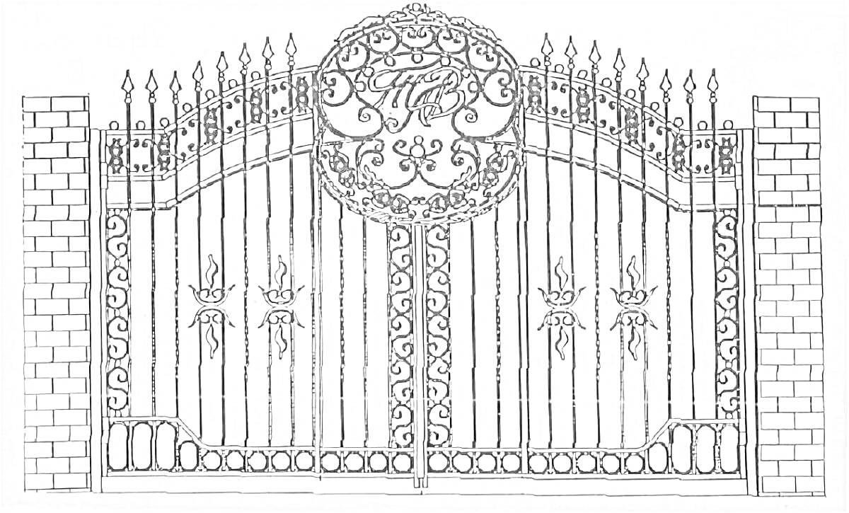 Раскраска Кованые ворота с кирпичными столбами, декоративными орнаментами и центральным круглым элементом