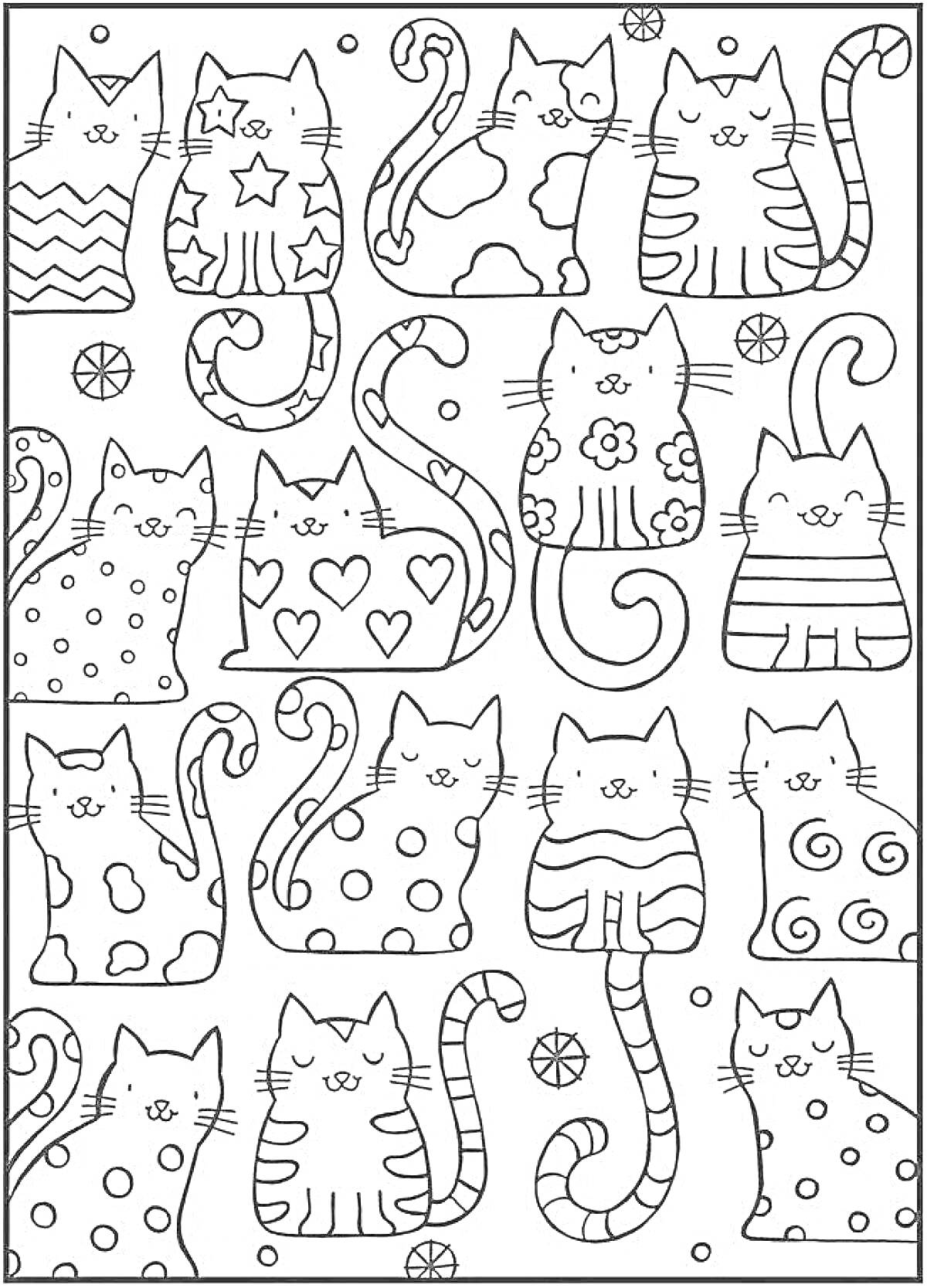 Раскраска Картинка с котиками разных узоров и маленькими мячиками