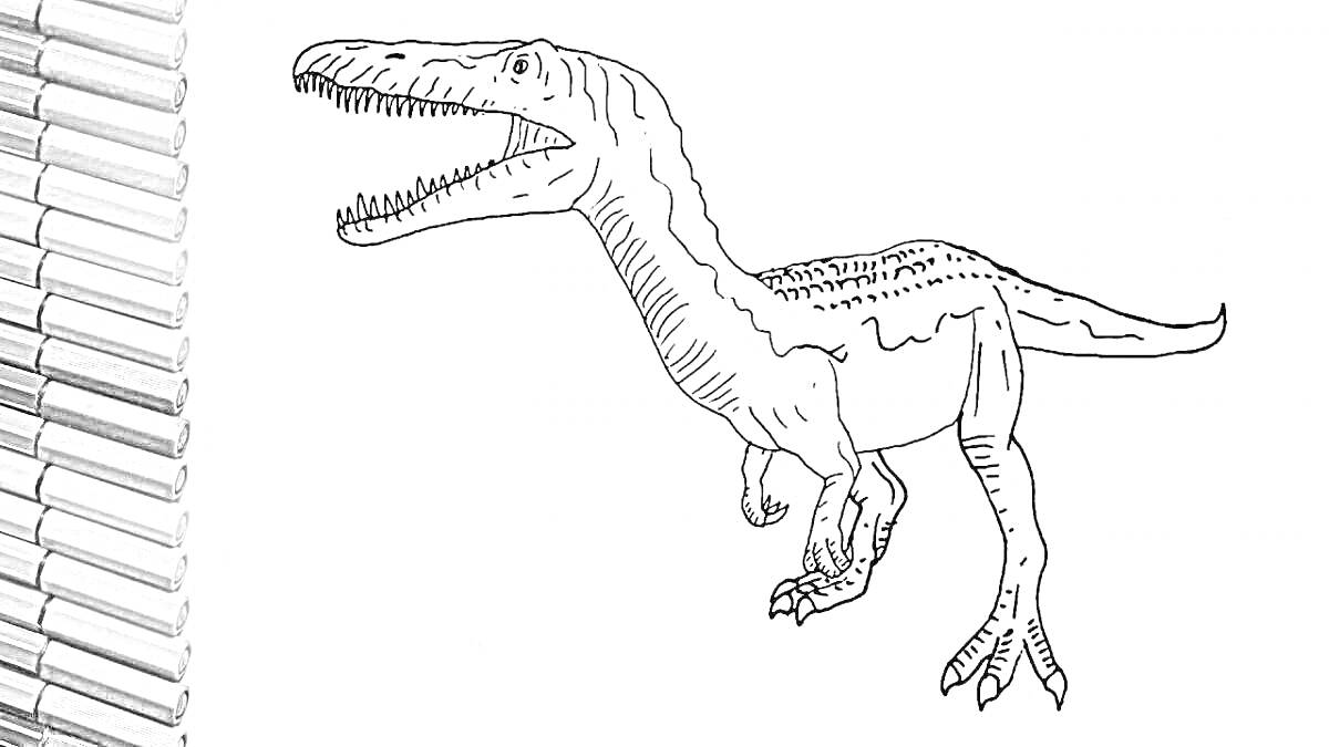 На раскраске изображено: Динозавр, Карандаши, Белый фон, Палеонтология, Для детей