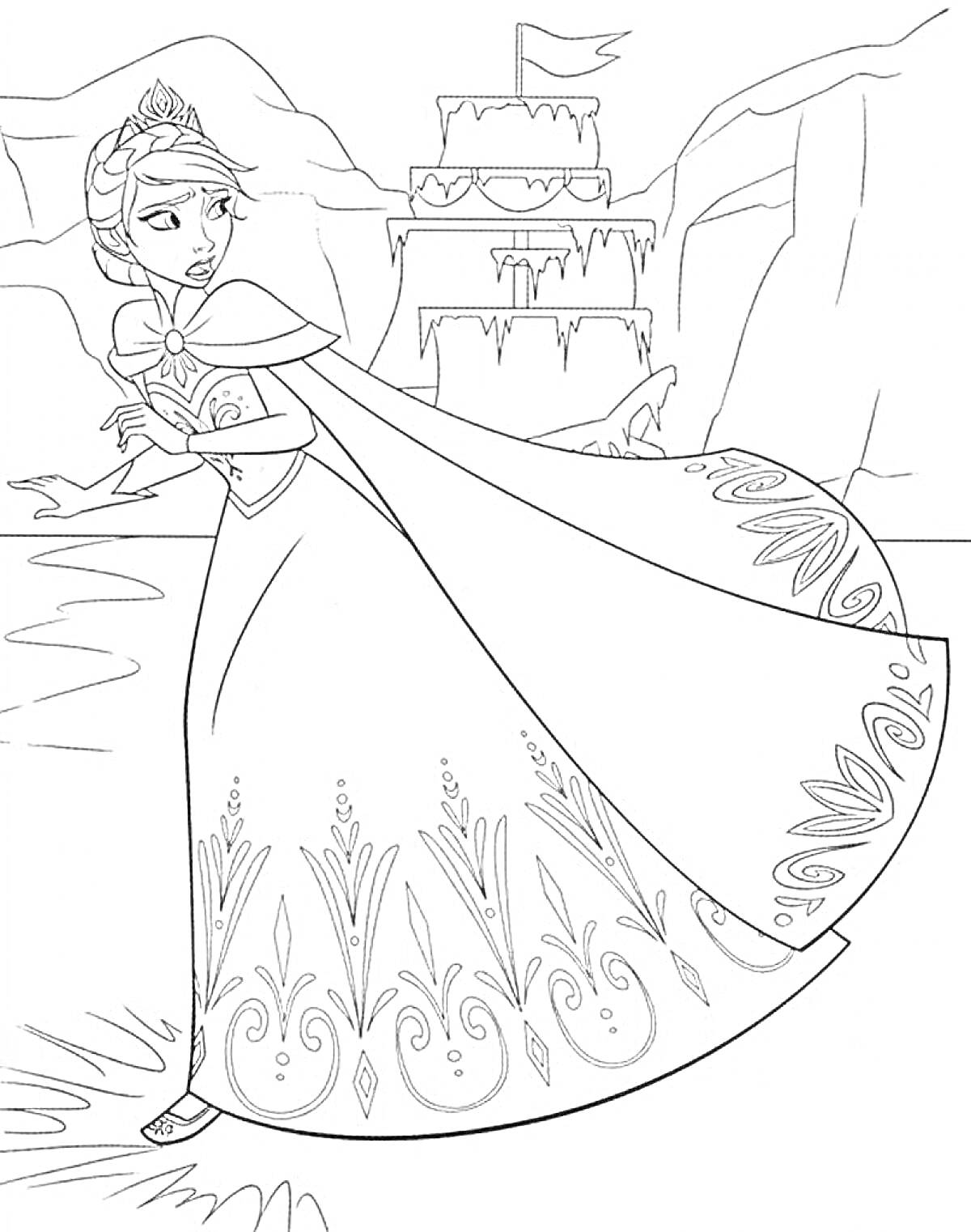 На раскраске изображено: Эльза, Ледяной замок, Горы, Принцесса, Холодное сердце