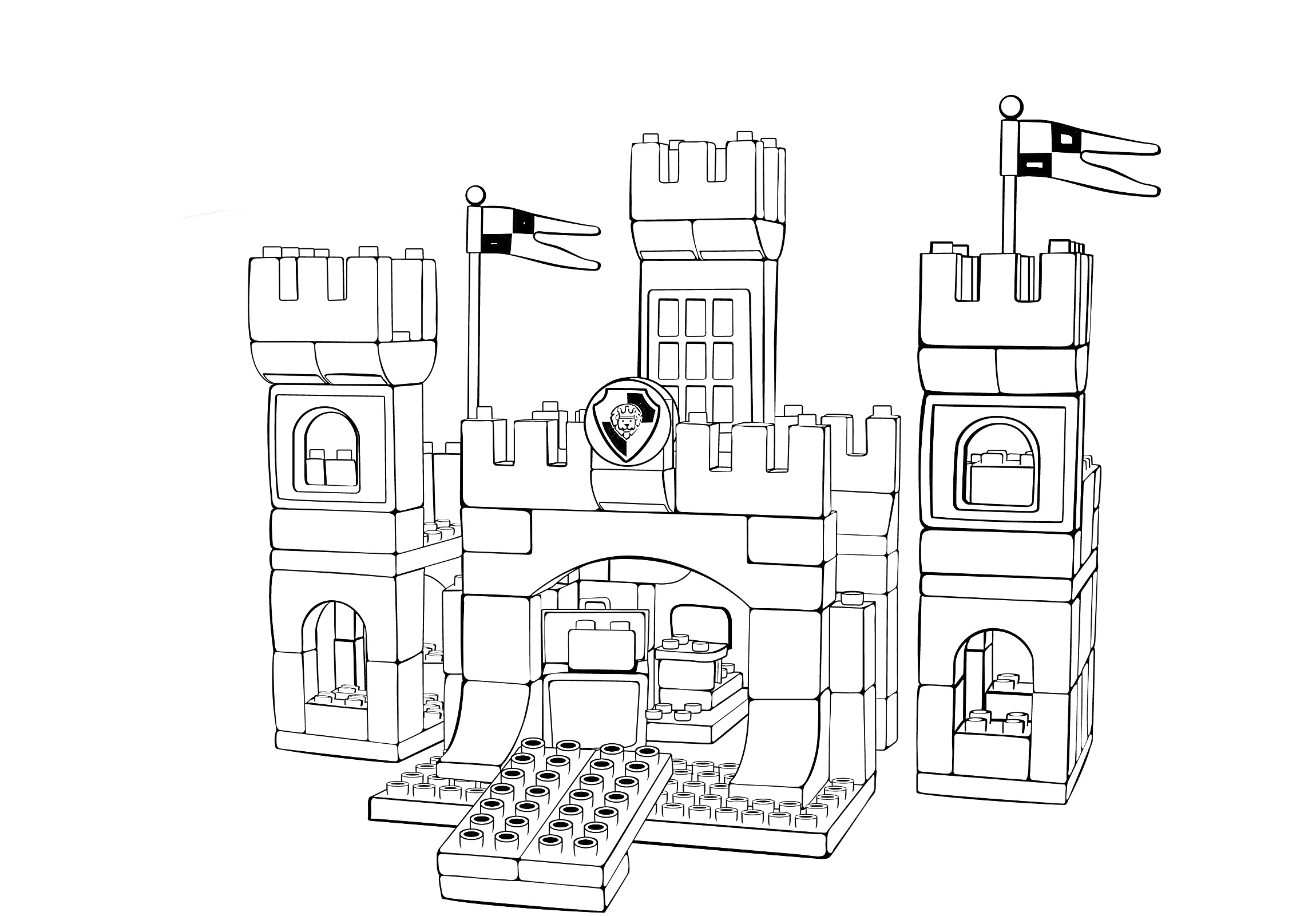 Раскраска Замок LEGO с башнями, флагами и подъемным мостом
