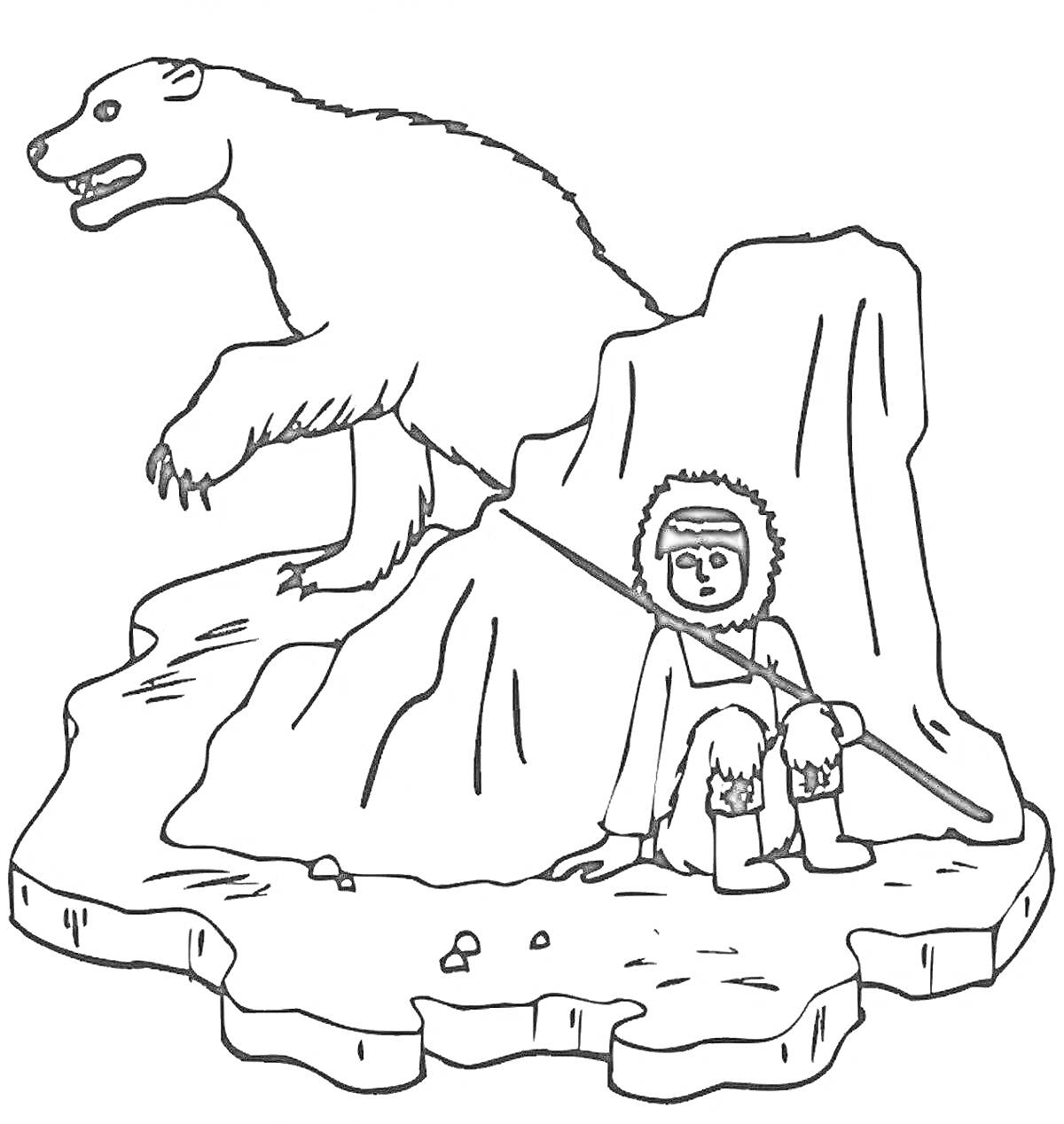 Раскраска Человек в одежде севера, сидящий на льдине рядом с медведем