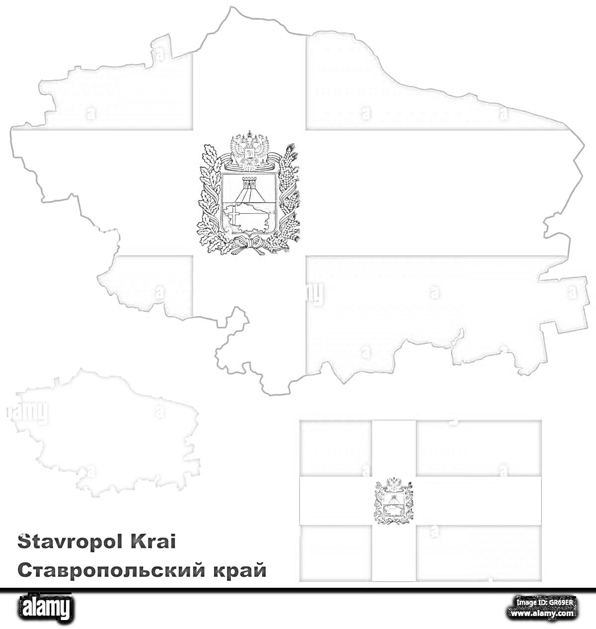 Герб и карта Ставропольского края, черно-белая раскраска