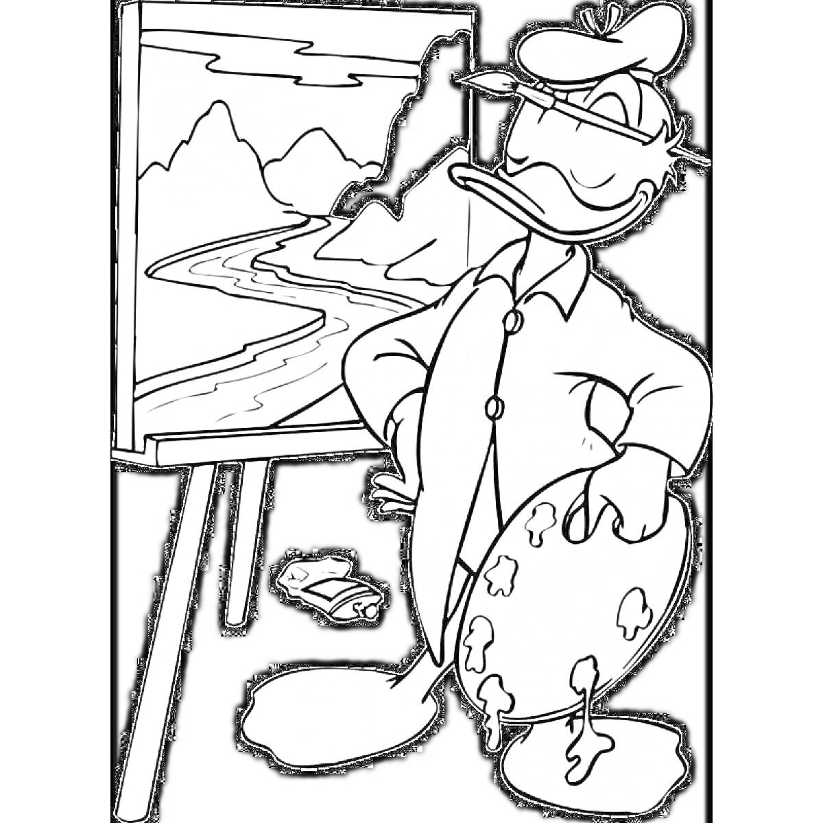На раскраске изображено: Художник, Палитра, Мольберт, Река, Горы, Утка, Краски