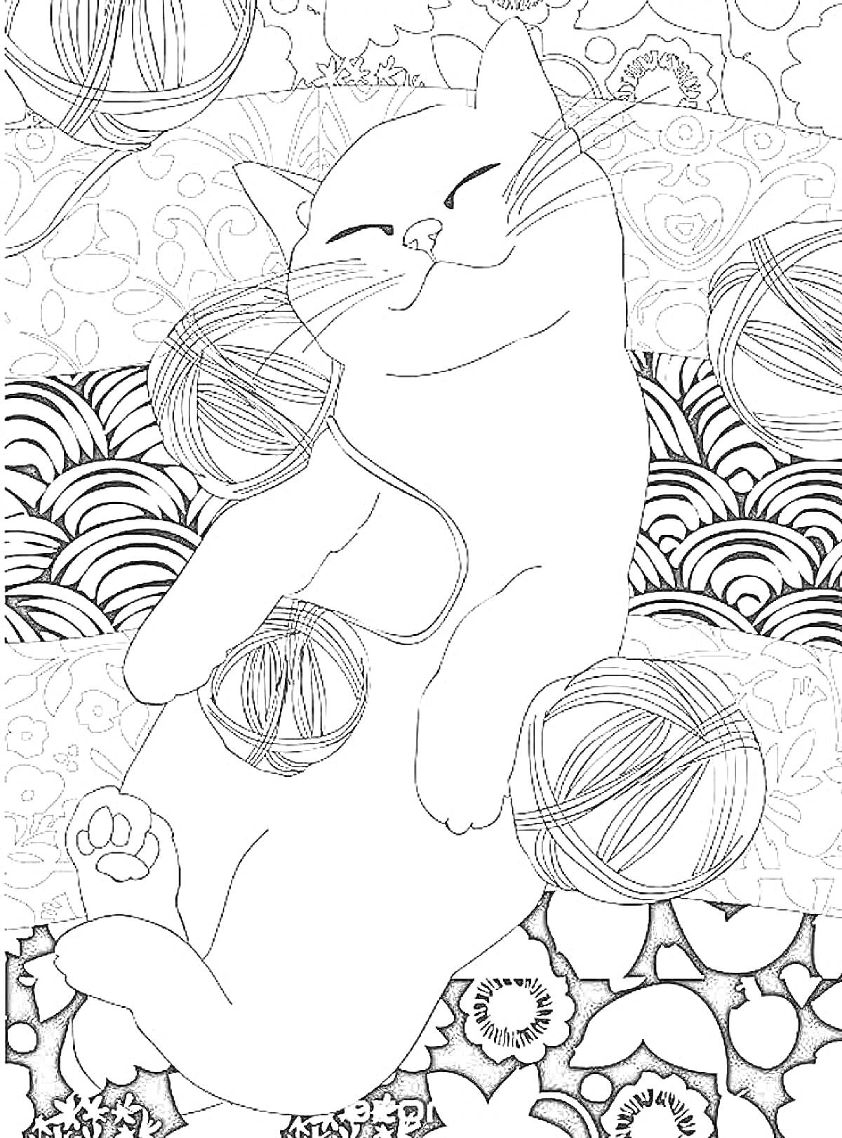 Раскраска Кот с клубками пряжи на фоне узоров и цветов