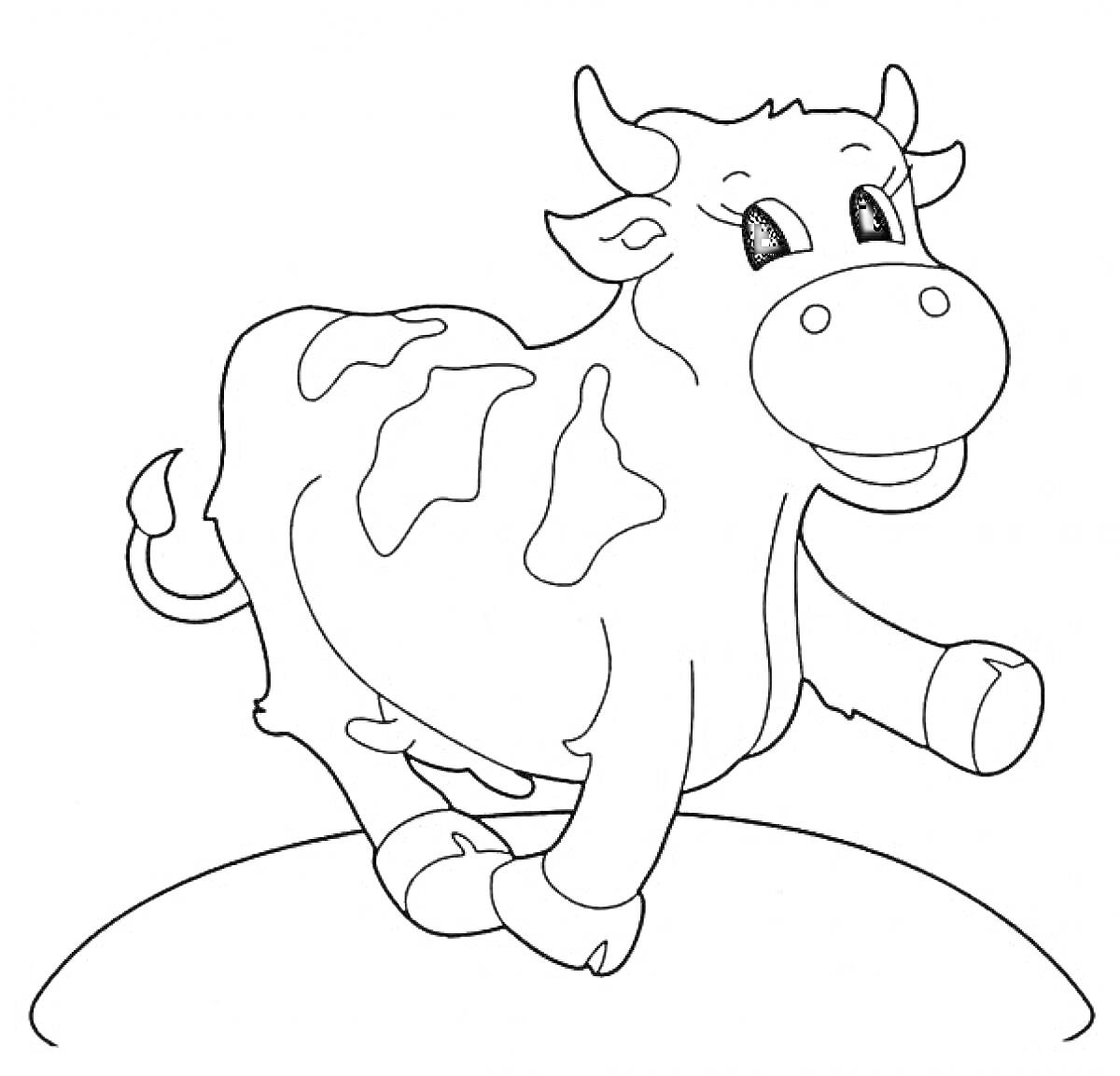 На раскраске изображено: Корова, Животные, Пятна, Рога, Поднятая нога, Ферма, Для детей, Улыбка