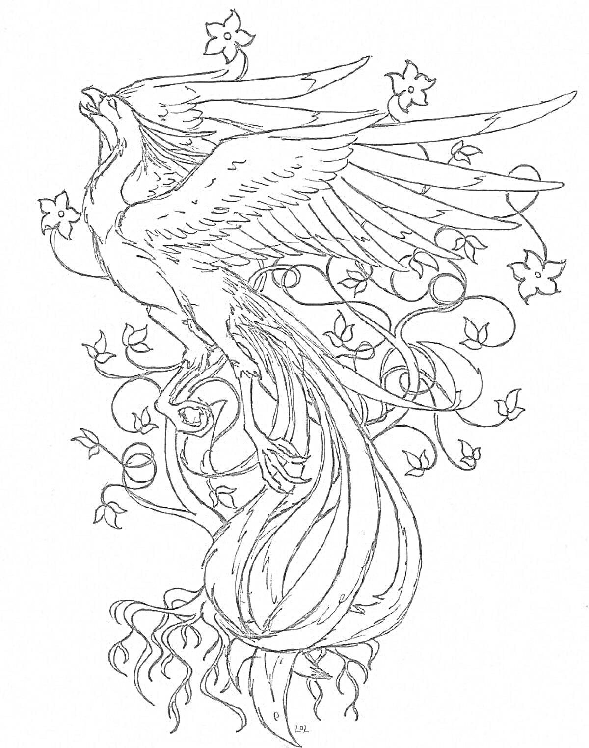 На раскраске изображено: Феникс, Птица, Хвост, Крылья, Лианы, Цветы, Мифические существа