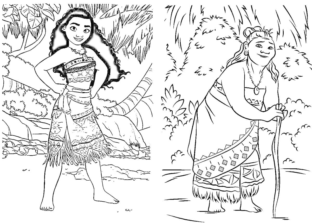 На раскраске изображено: Моана, Женщина, Джунгли, Природа, Для девочек