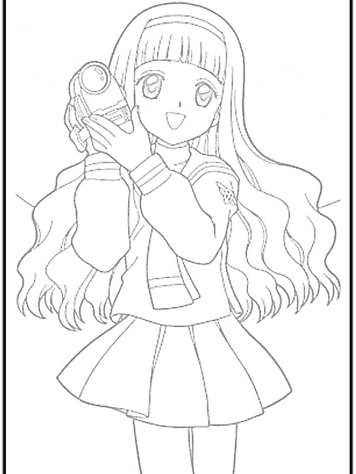 Раскраска Аниме девушка с видеокамерой в школьной форме, длинные волнистые волосы