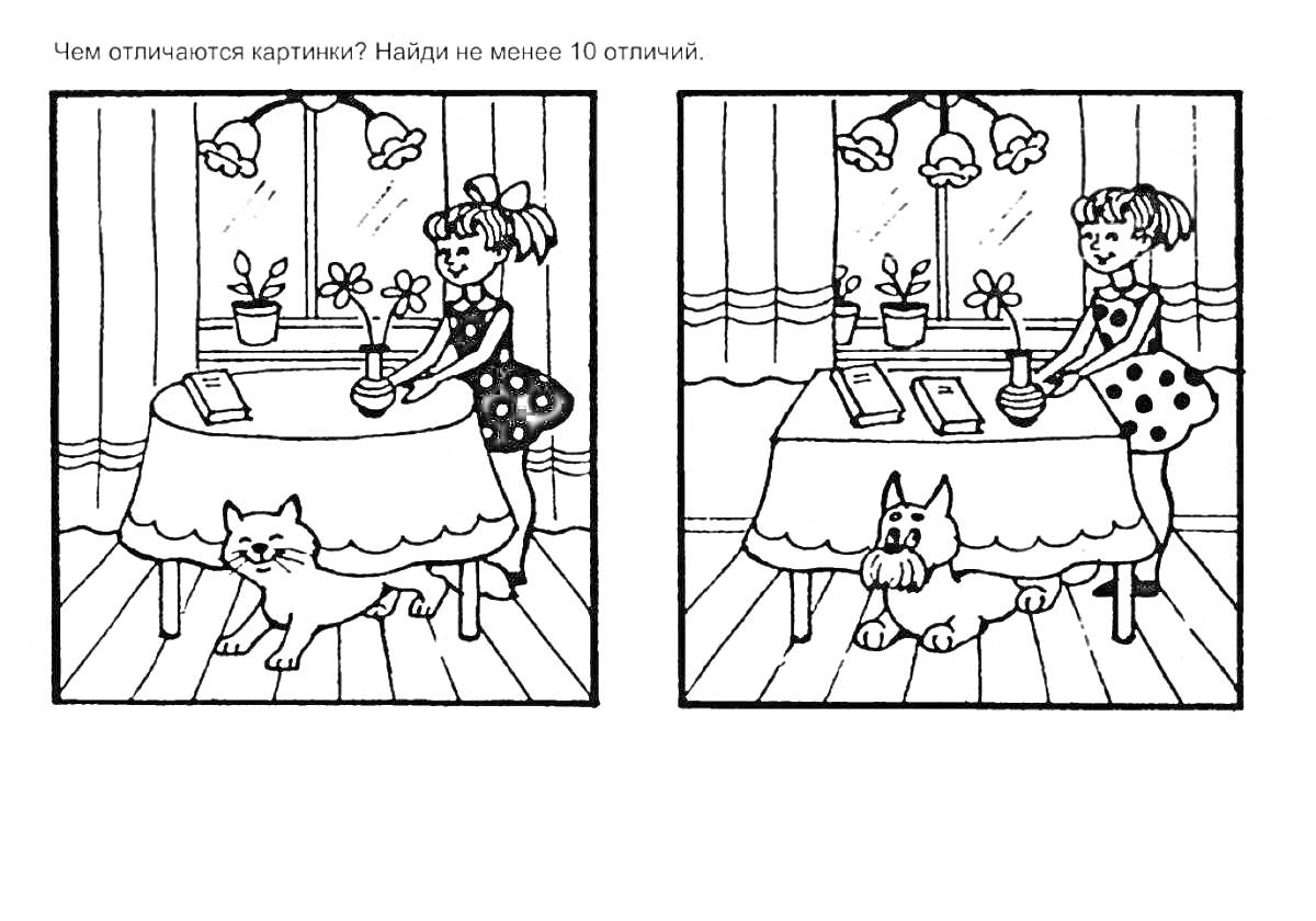 Раскраска Девочка за столом с вазой, цветком и кошкой, найдите 10 отличий