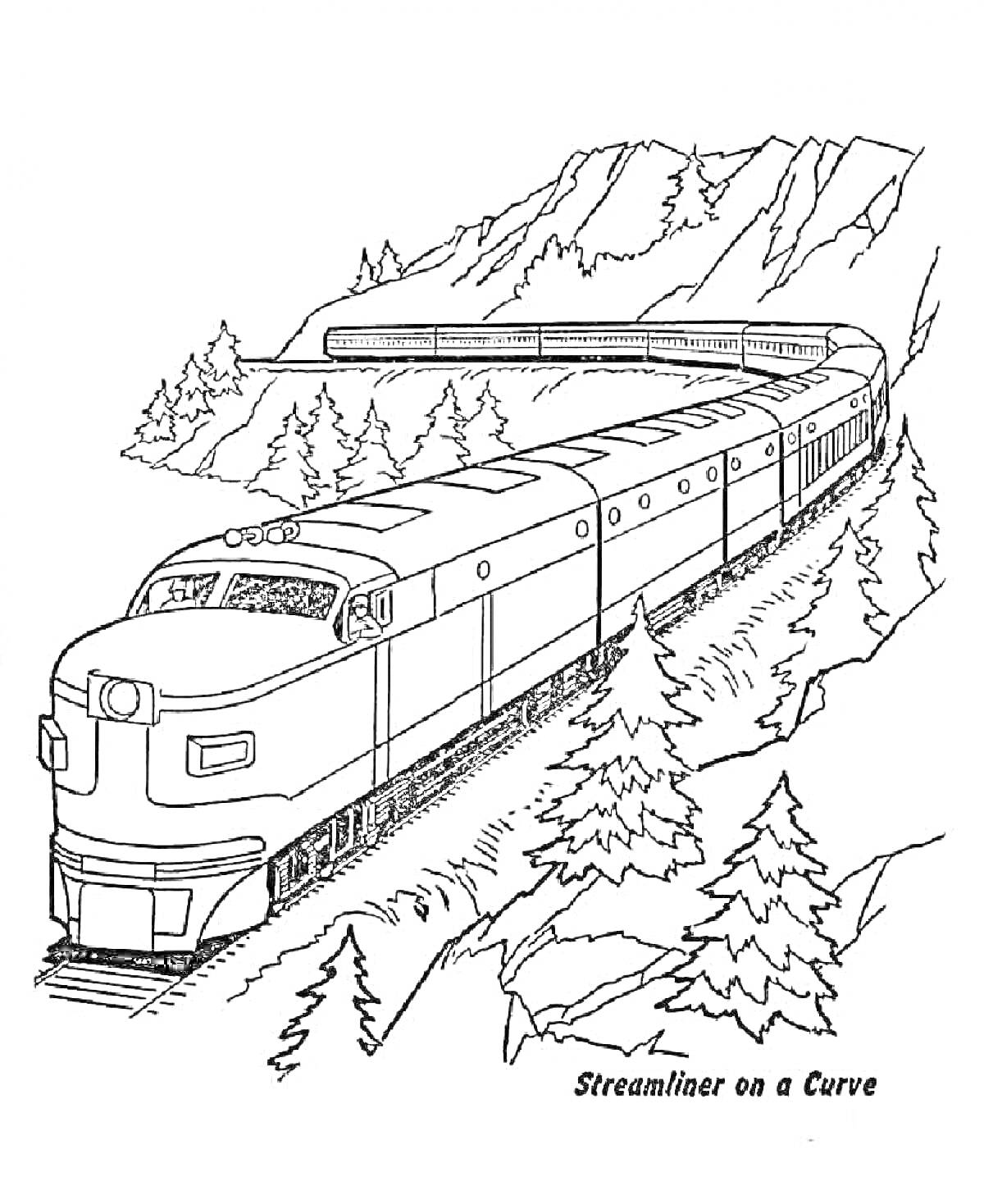 На раскраске изображено: Поезд, Поворот, Горы, Деревья, Природа, Железная дорога, Лес, Ландшафт