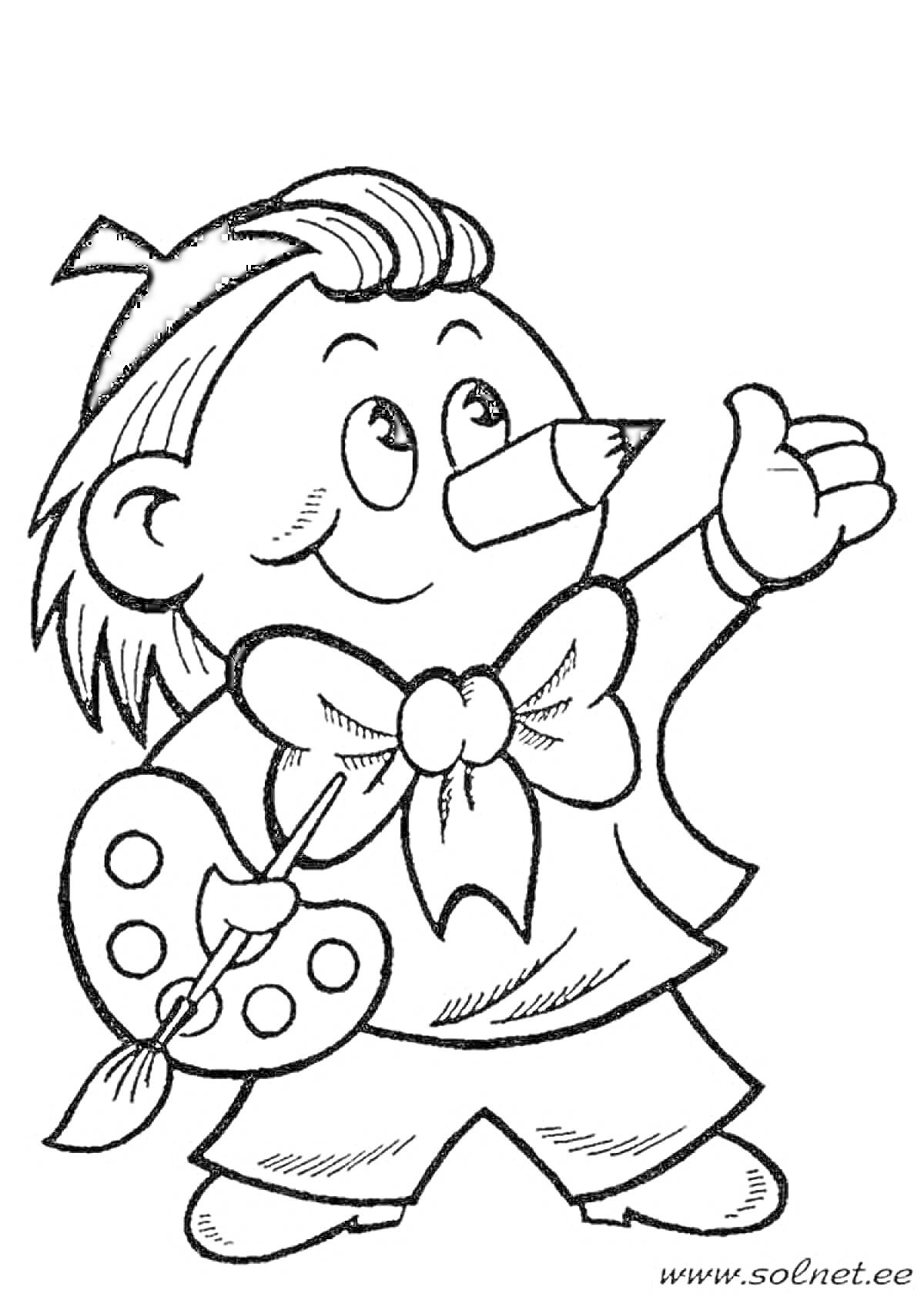 Раскраска Мальчик с карандашом вместо носа, в костюме с большим бантом, держит кисть и палитру