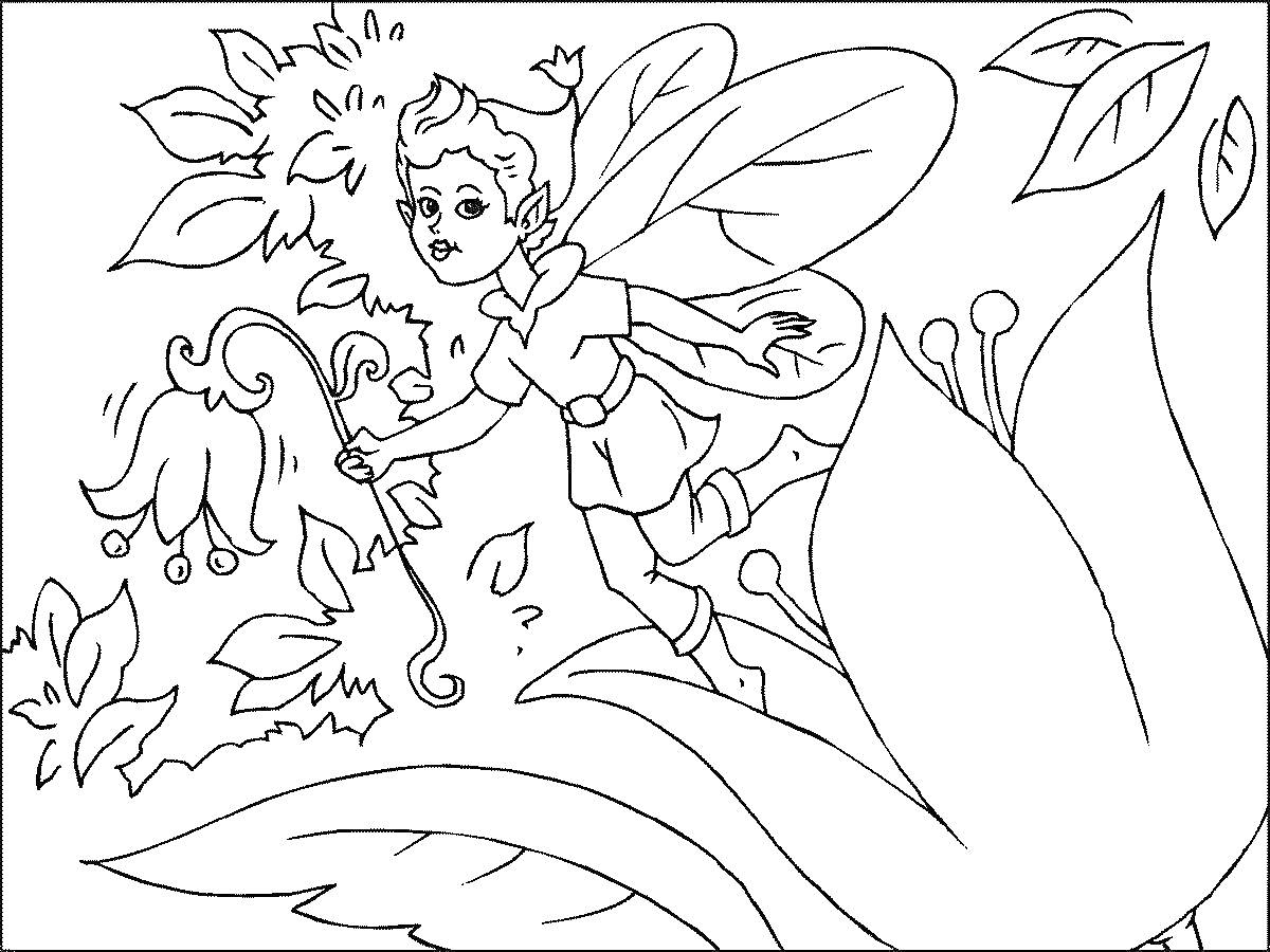 Раскраска Летающий эльф с цветком среди листьев