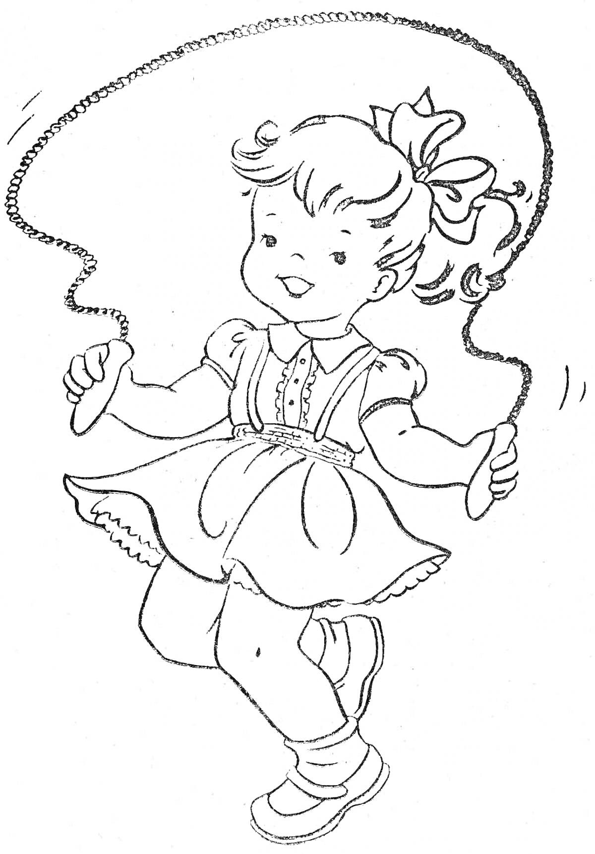 Раскраска Девочка с бантом, прыгающая через скакалку