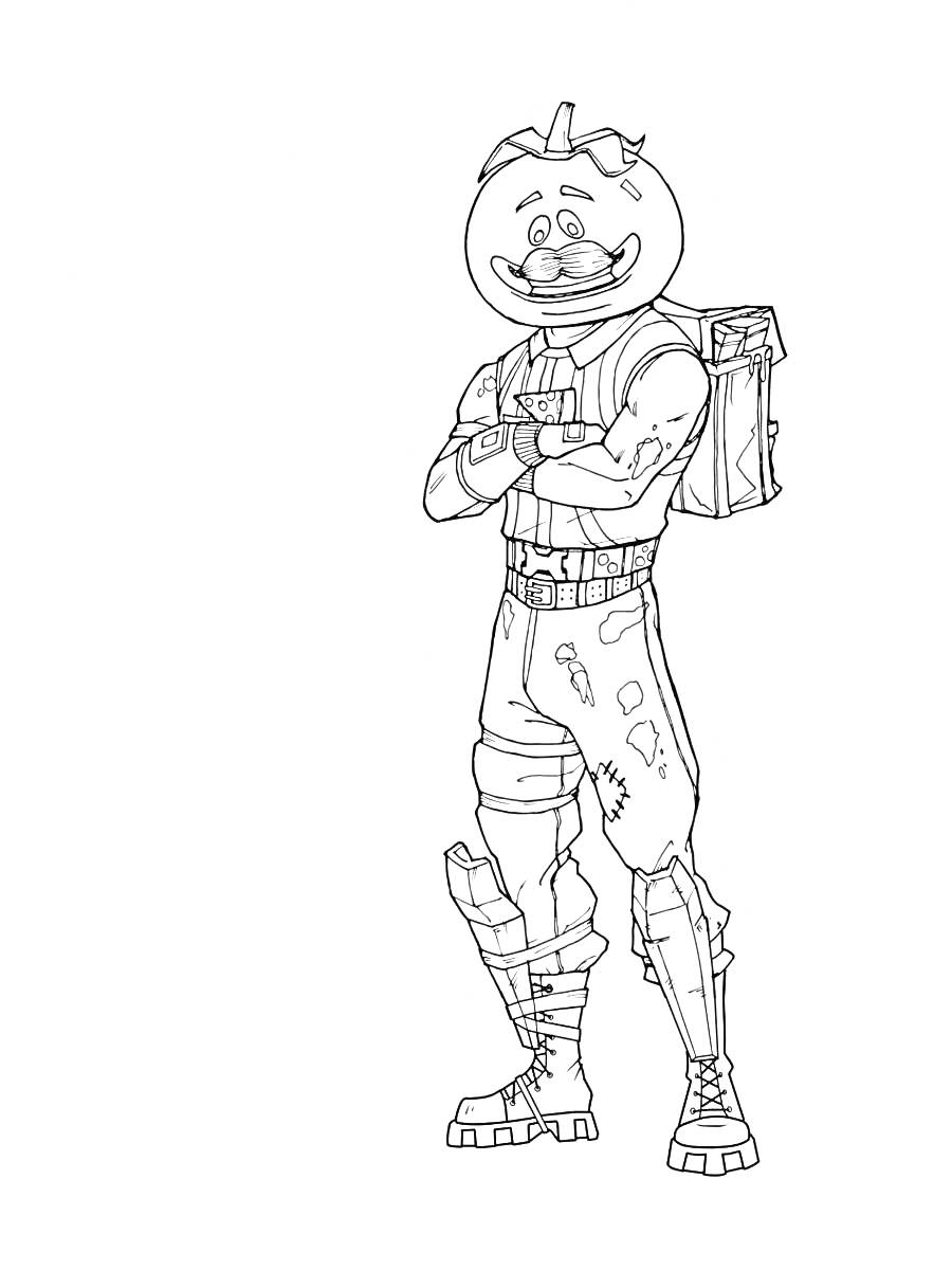 Раскраска Персонаж Fortnite в костюме с головой помидора, с рюкзаком, стоящий с скрещенными руками