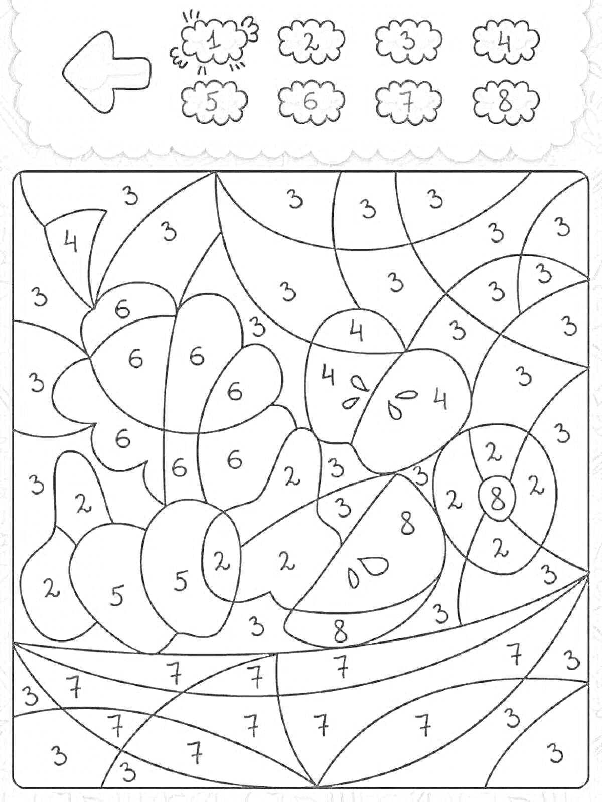 Раскраска Раскраска по цифрам с изображением цветов и листьев.