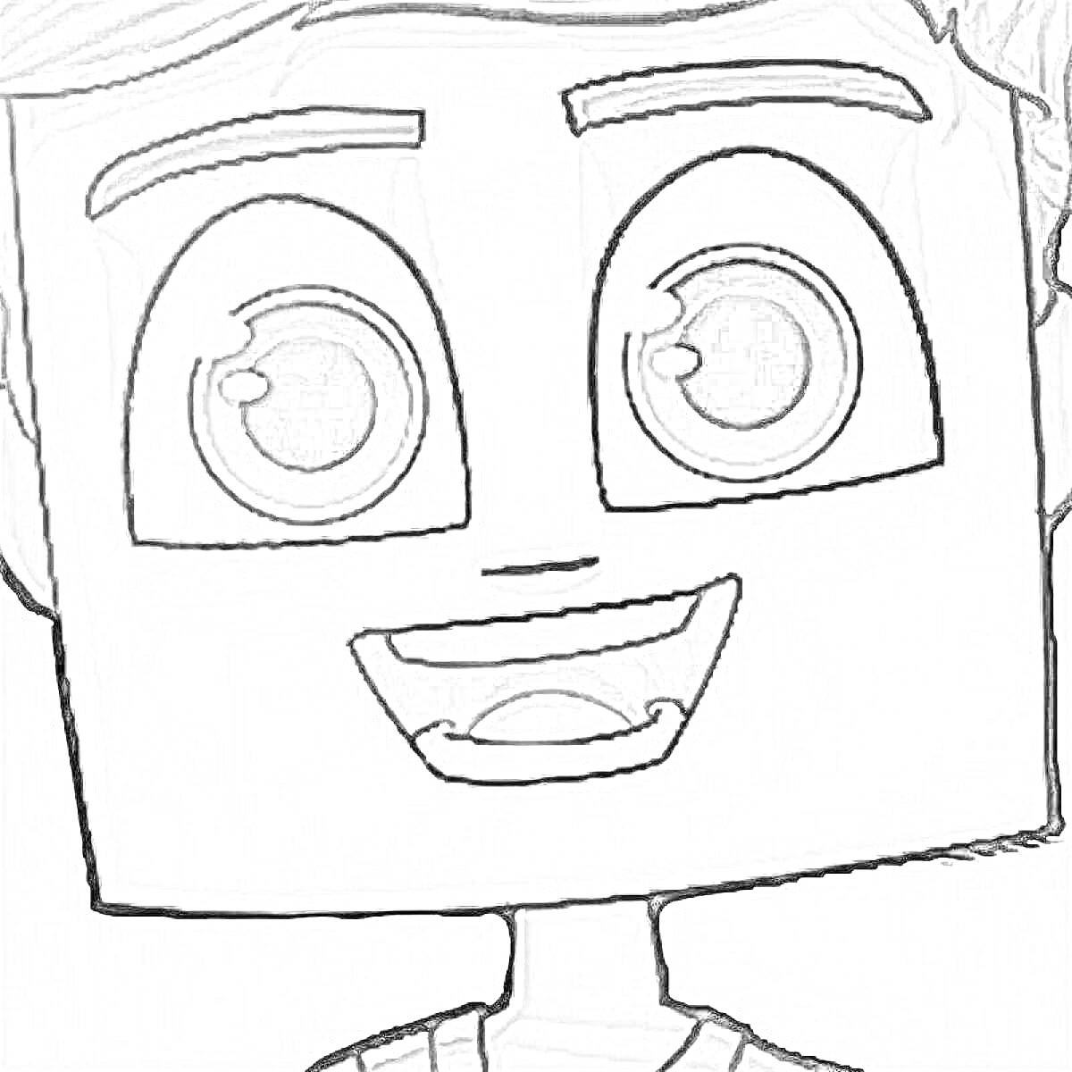 Раскраска Квадратное лицо персонажа с крупными круглыми глазами и широкими бровями