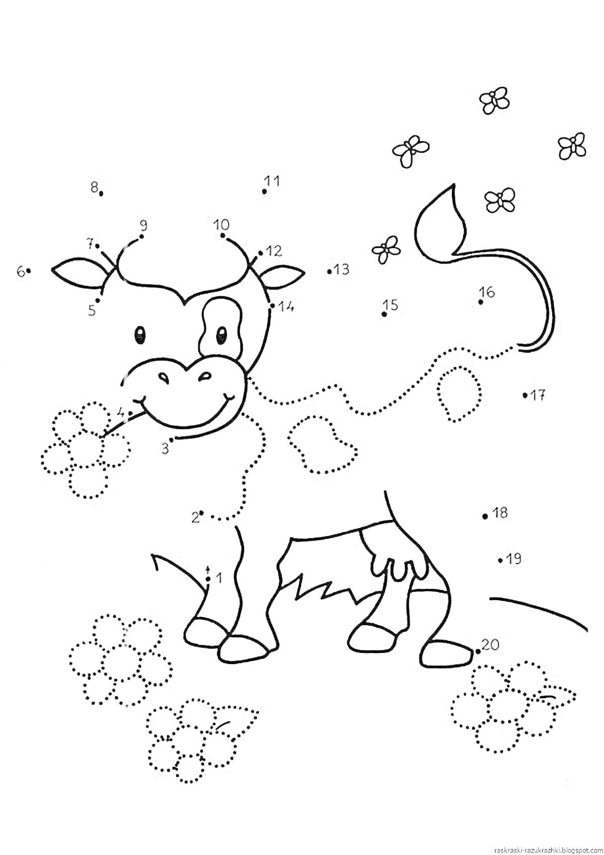 На раскраске изображено: Корова, Цветы, Игра, Обучение