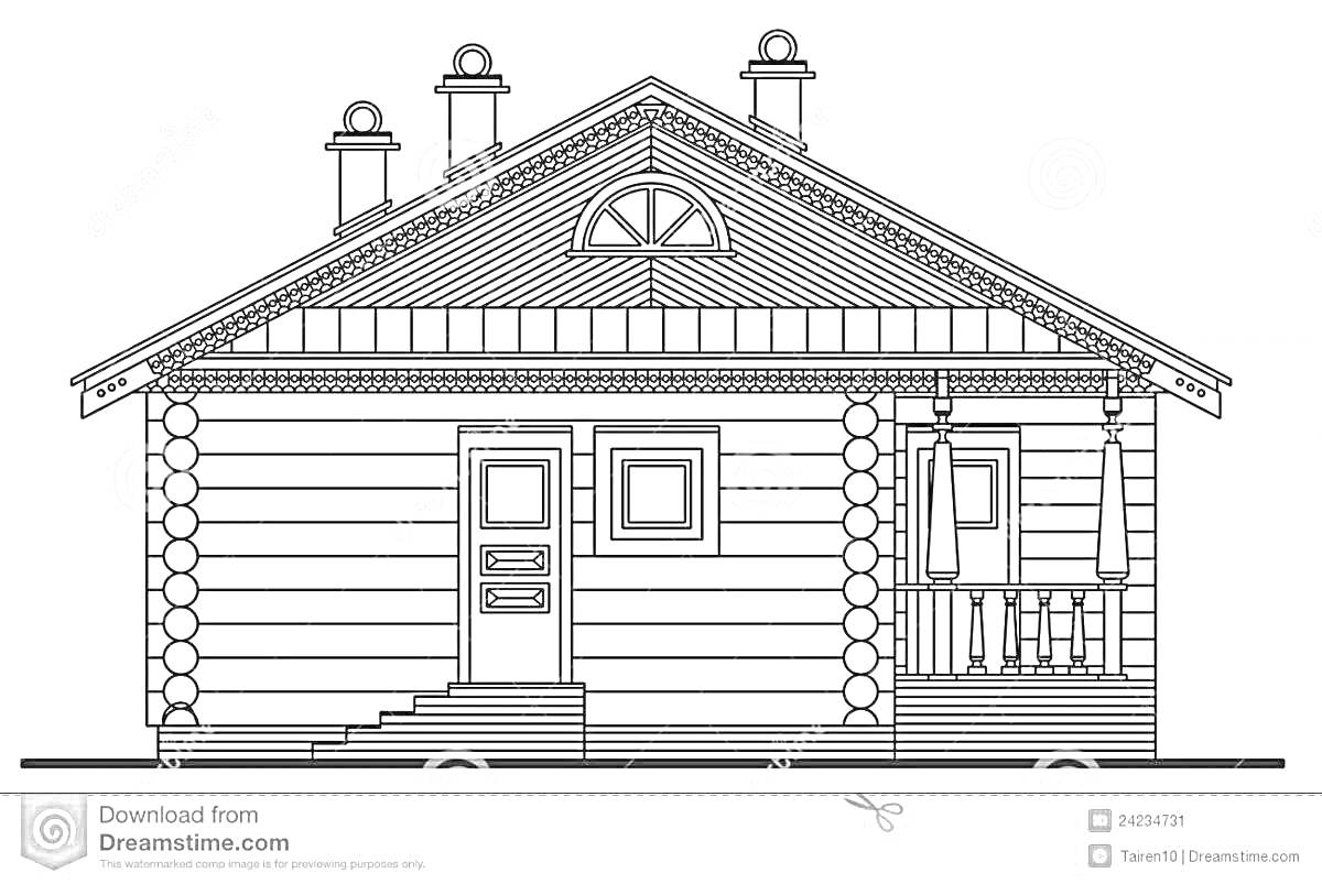 На раскраске изображено: Деревянный дом, Крыльцо, Лестница, Дымовая труба, Дверь, Крыша